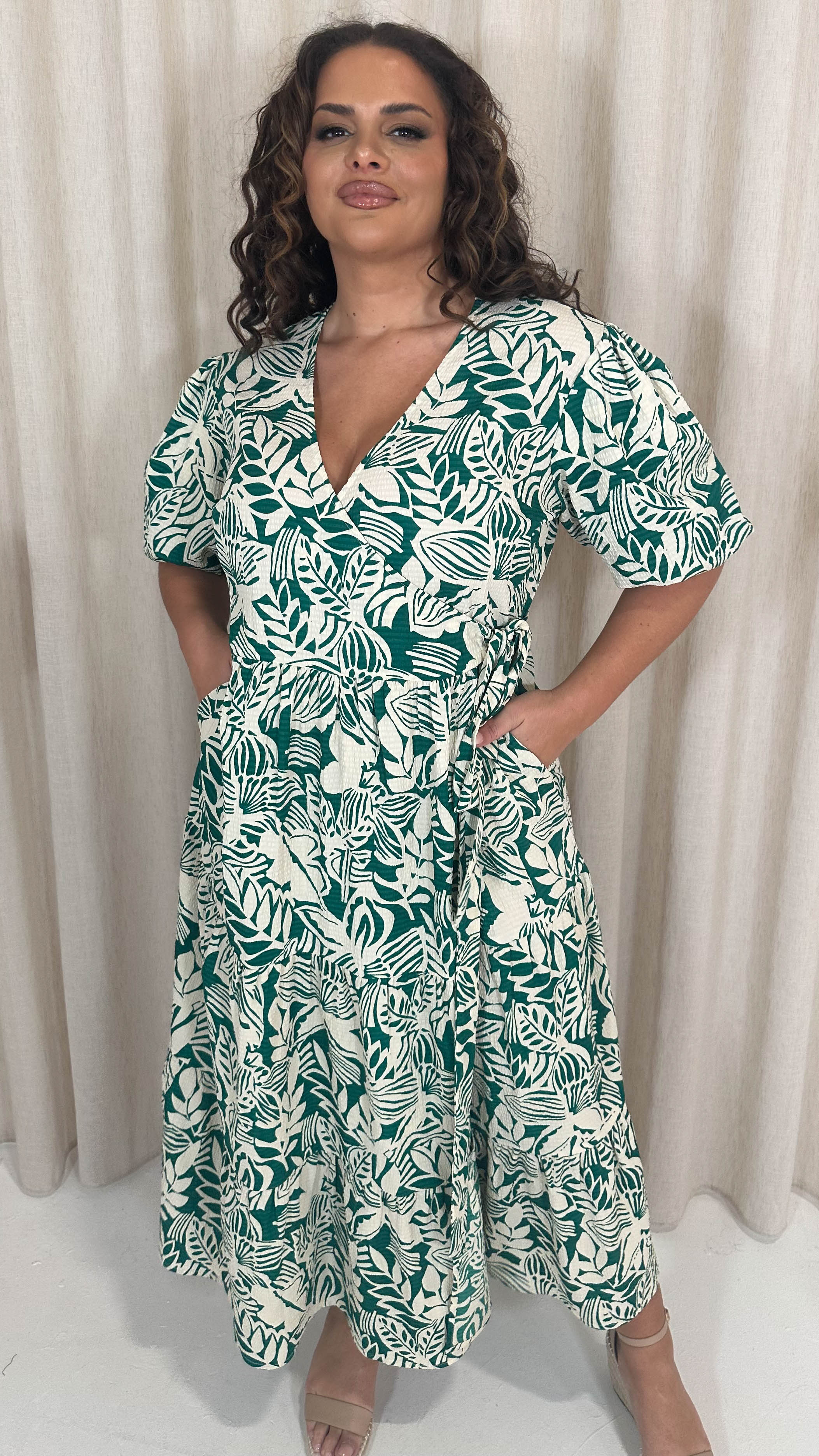 CurveWow Puff Sleeve Tiered Wrap Dress Teal Green Floral - Image 5