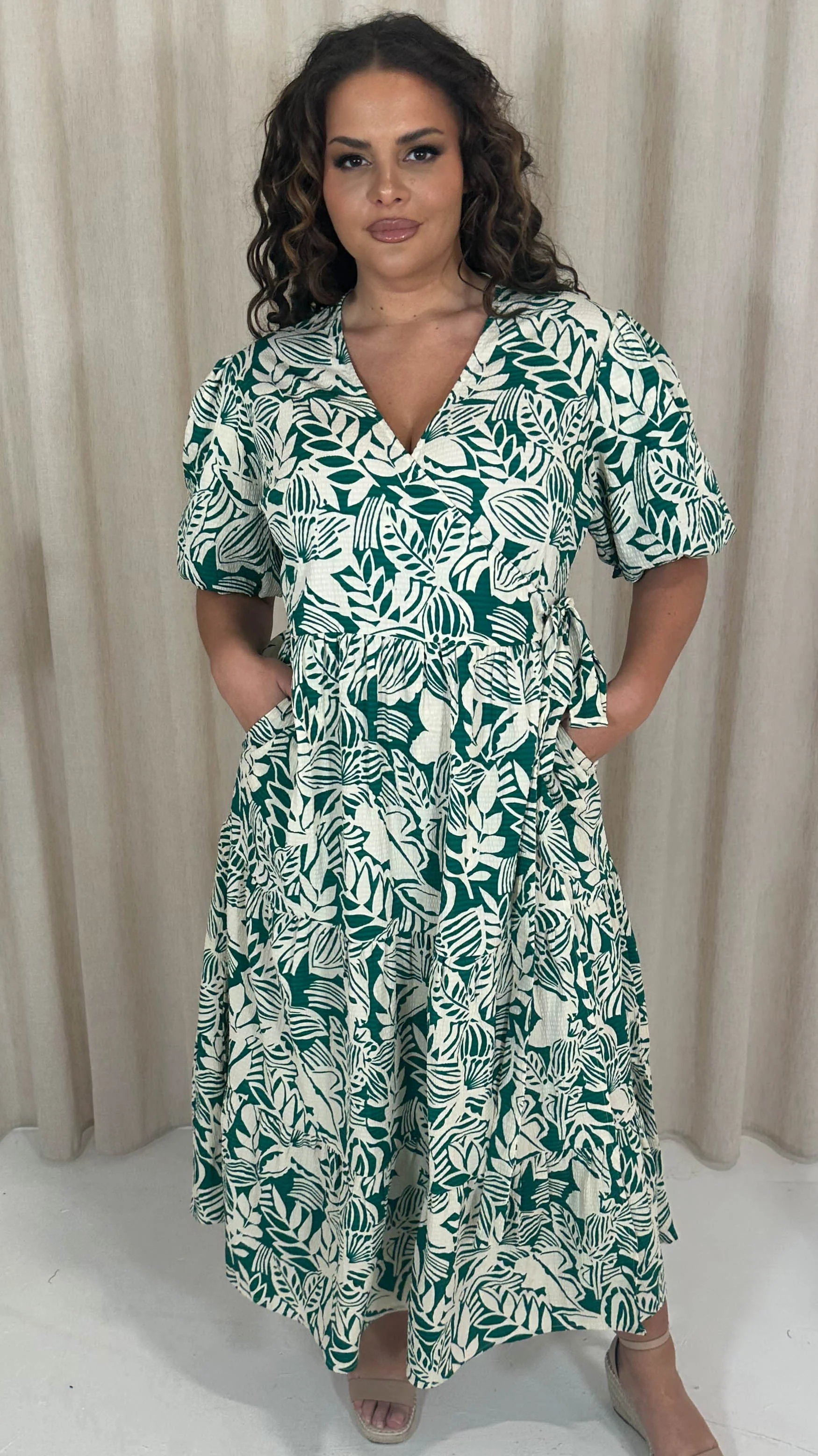 CurveWow Puff Sleeve Tiered Wrap Dress Teal Green Floral - Image 6