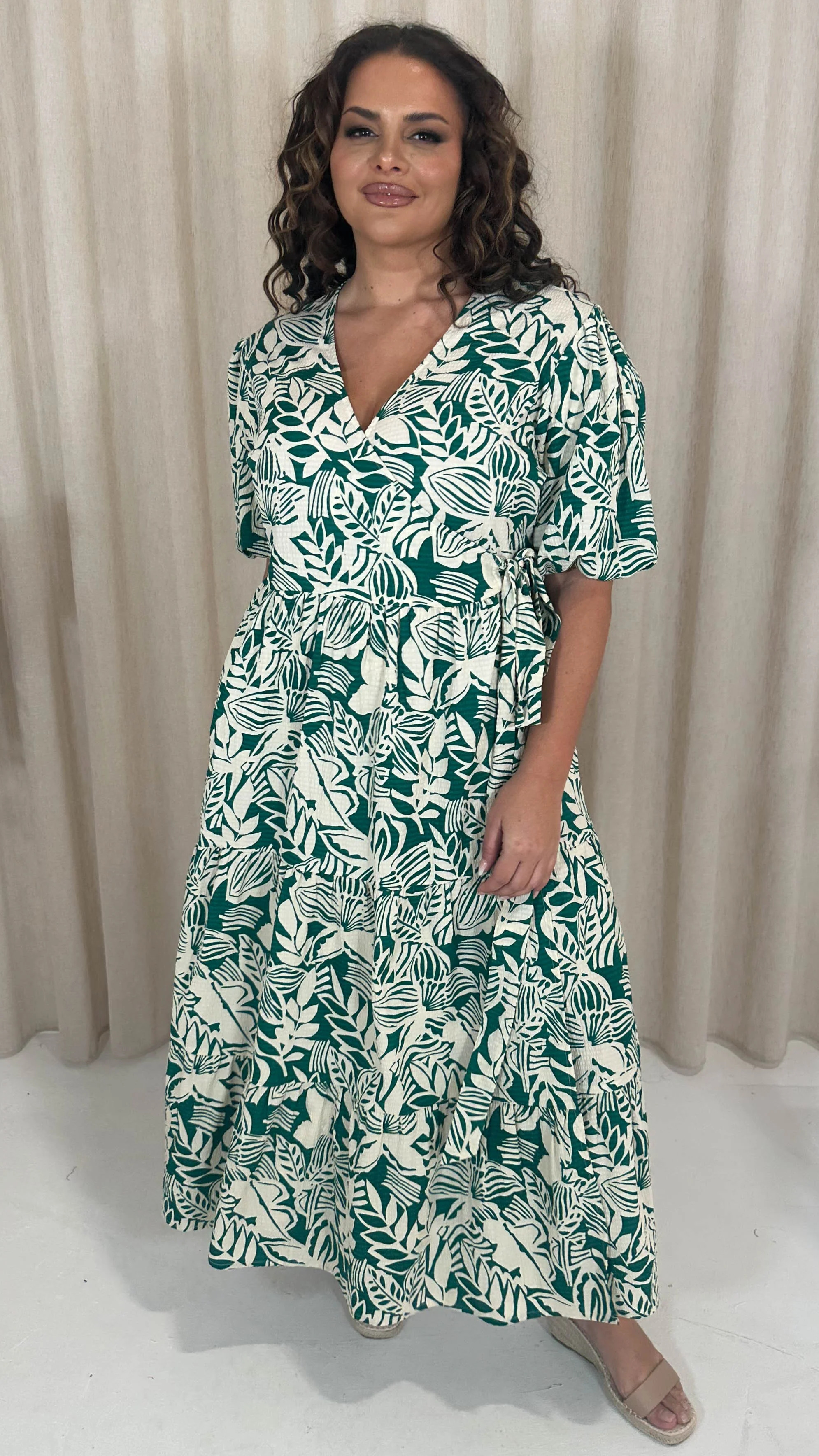CurveWow Puff Sleeve Tiered Wrap Dress Teal Green Floral - Image 8