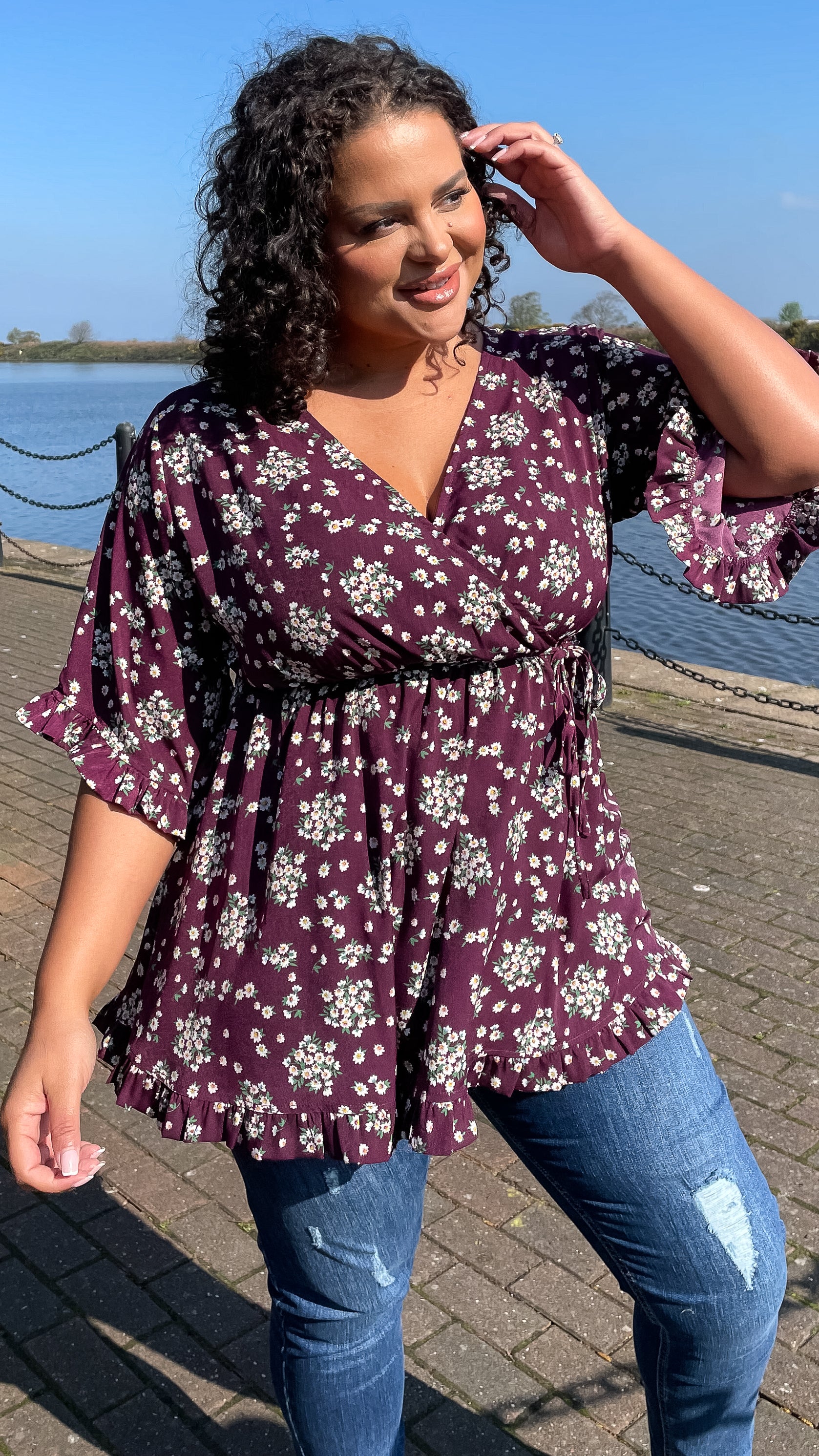 CurveWow Wrap Frill Sleeve Tunic Purple Floral - Image 2