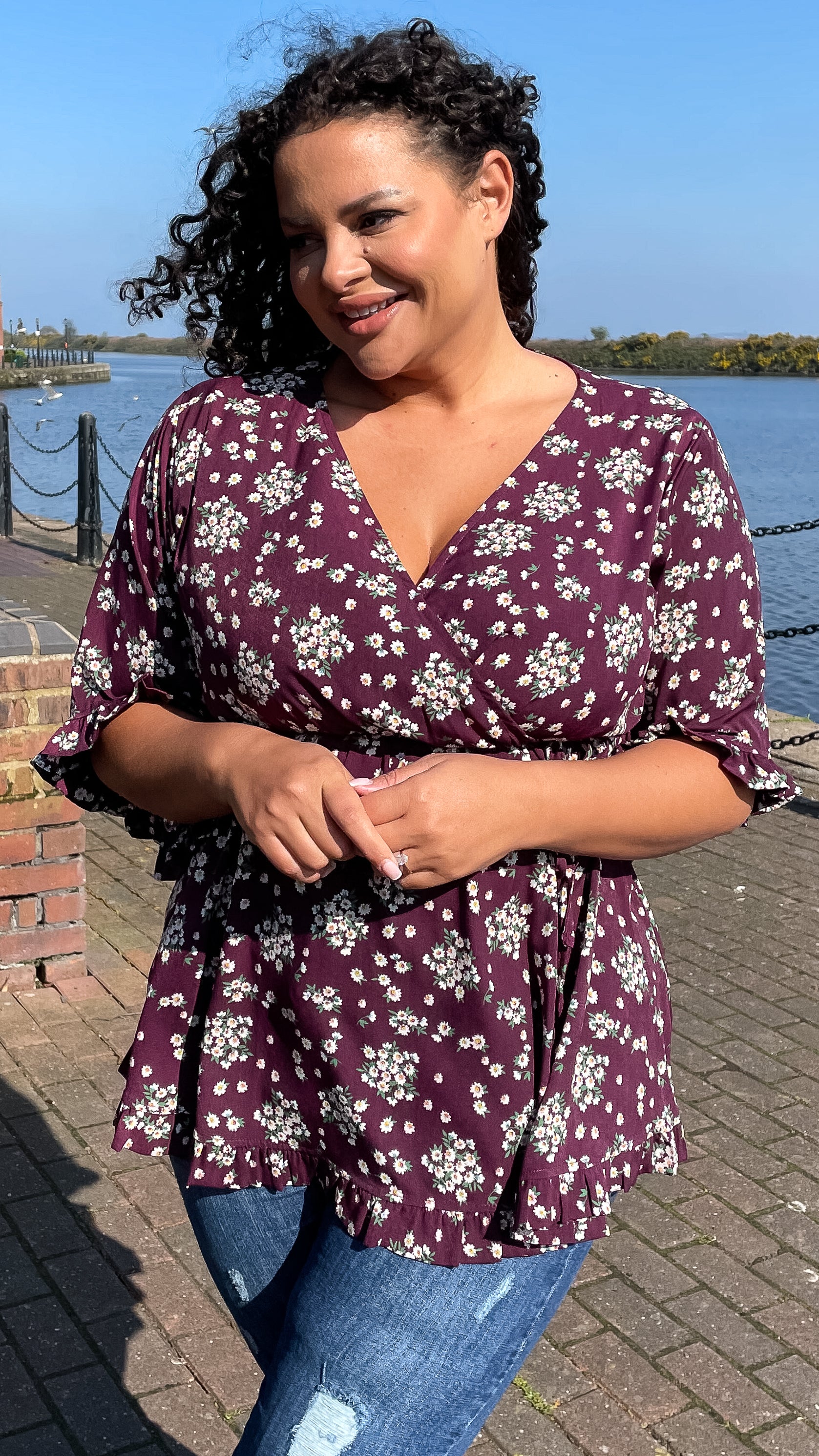 CurveWow Wrap Frill Sleeve Tunic Purple Floral - Image 3
