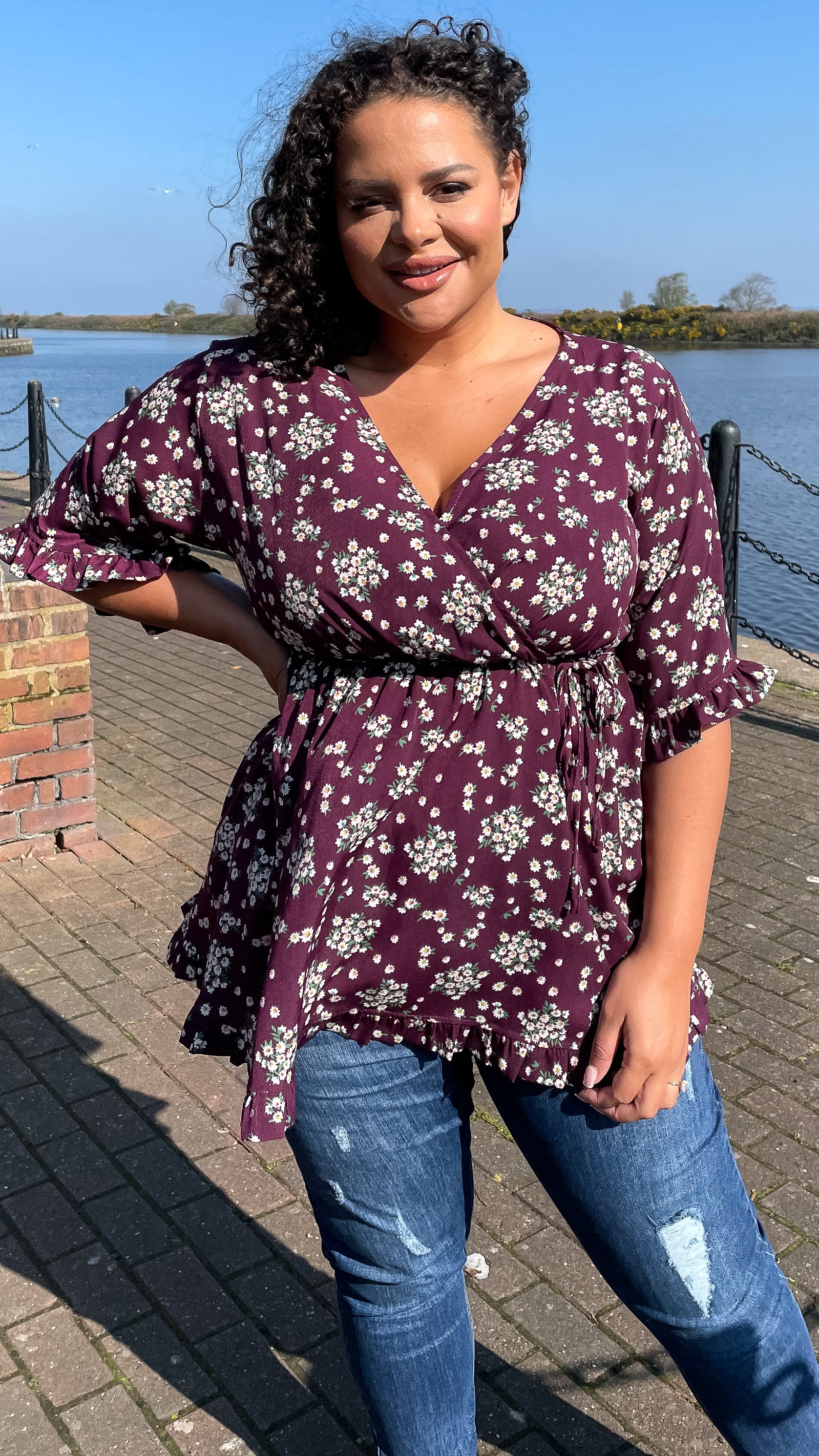 CurveWow Wrap Frill Sleeve Tunic Purple Floral - Image 4