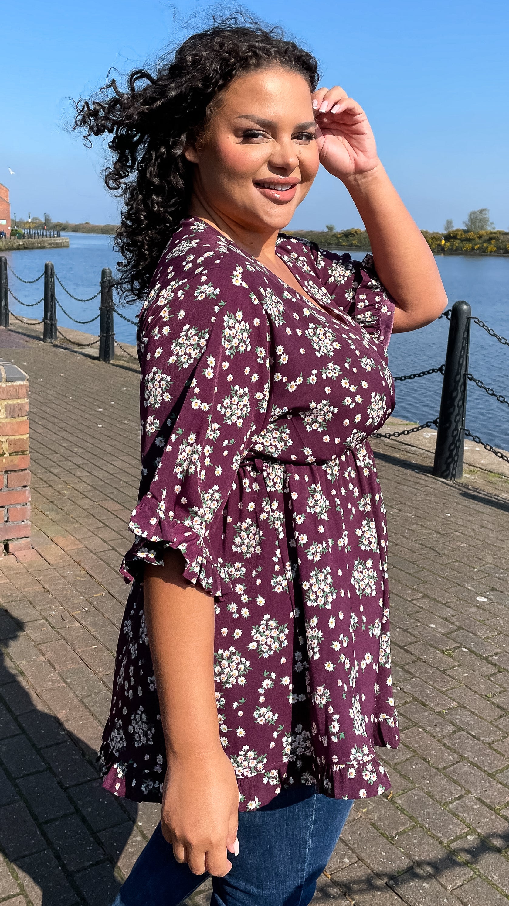 CurveWow Wrap Frill Sleeve Tunic Purple Floral - Image 5