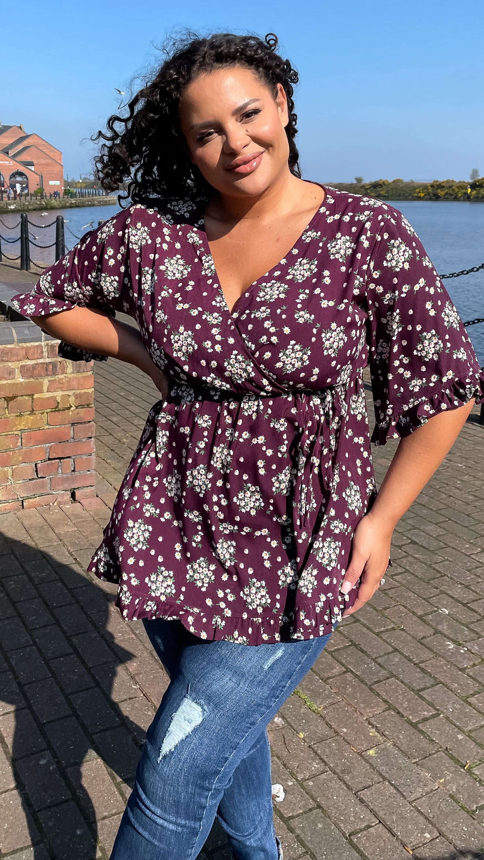 CurveWow Wrap Frill Sleeve Tunic Purple Floral - Image 6