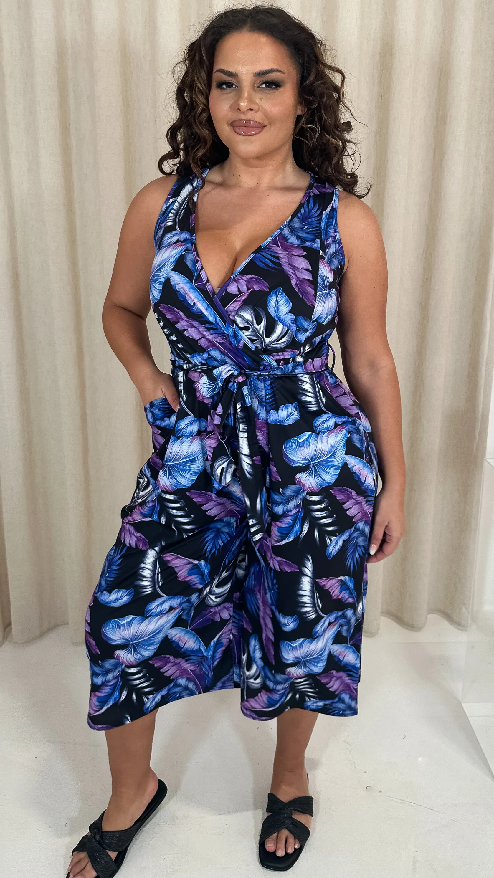 CurveWow Wrap Sleeveless Culotte Jumpsuit Black Tropical - Image 5