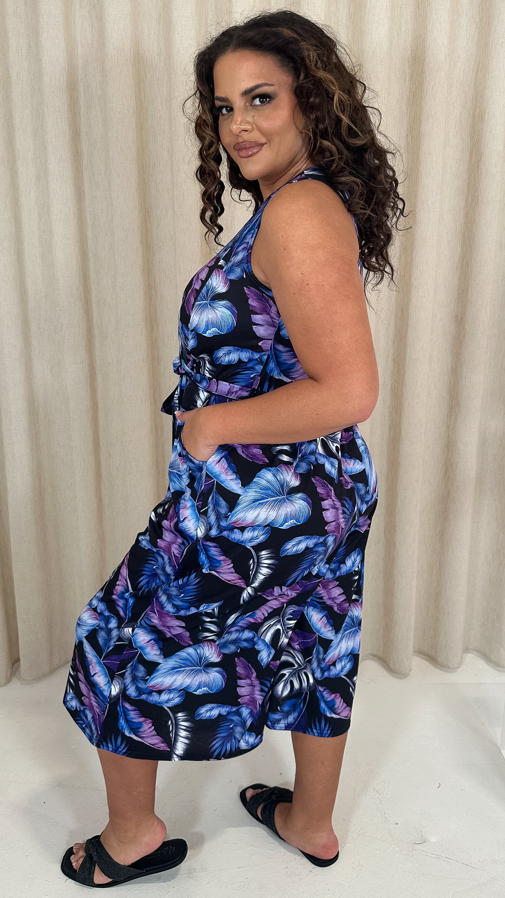 CurveWow Wrap Sleeveless Culotte Jumpsuit Black Tropical - Image 7