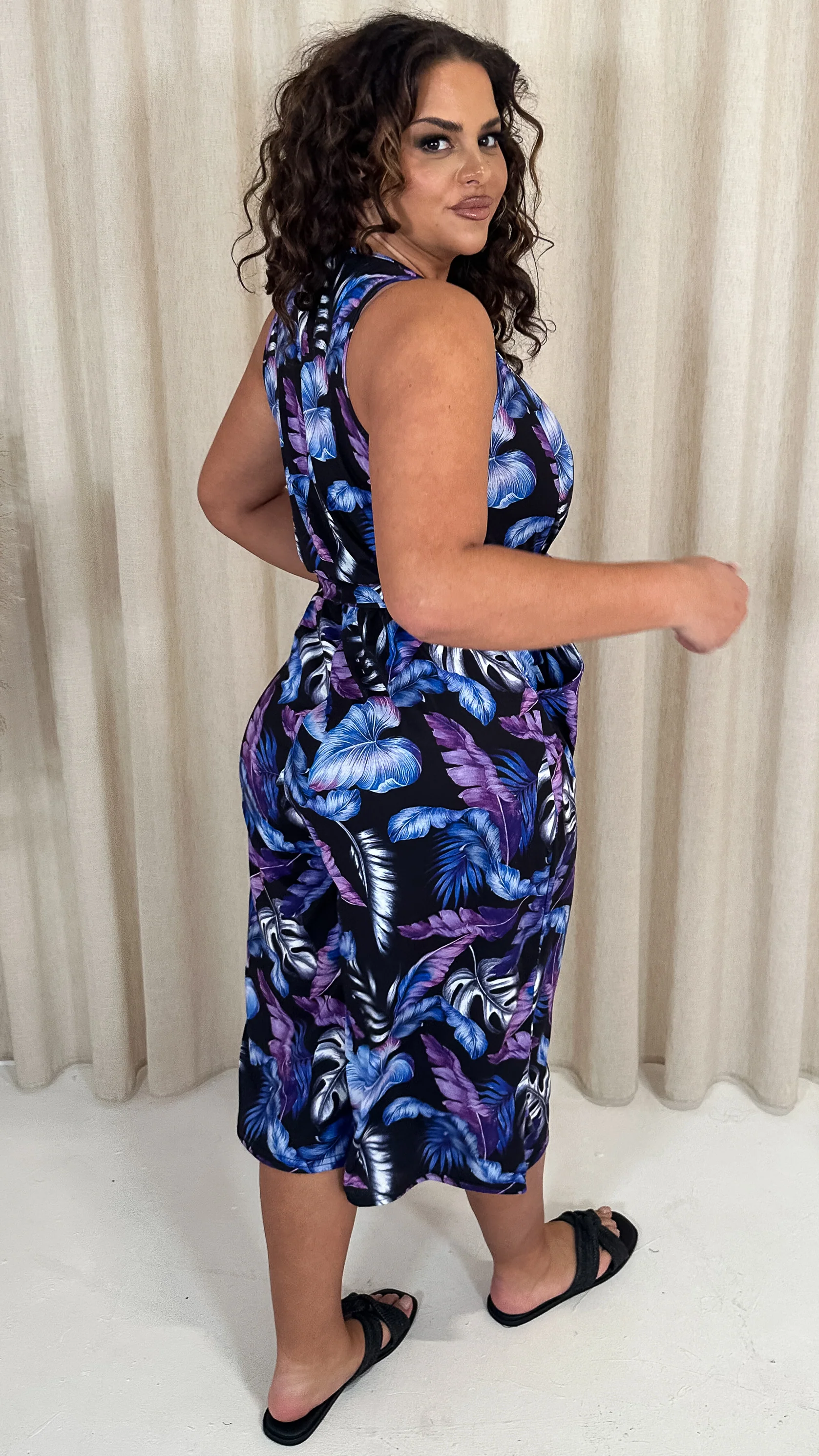 CurveWow Wrap Sleeveless Culotte Jumpsuit Black Tropical - Image 8