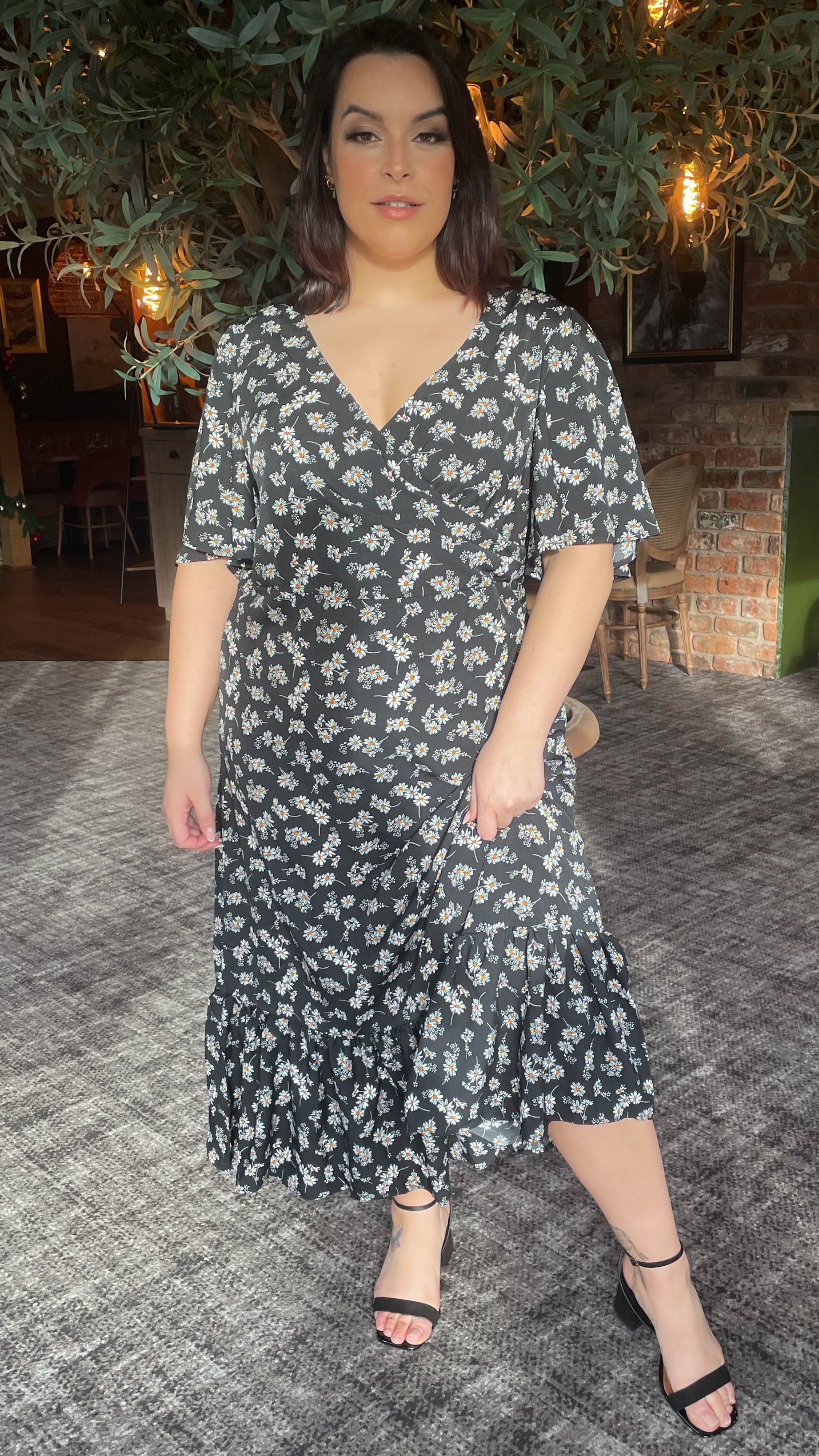 CurveWow Wrap Smock Dress Black White Floral - Image 10