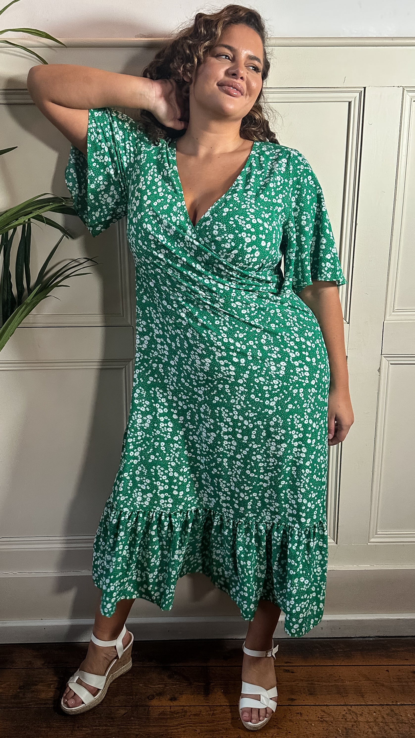CurveWow Wrap Smock Midi Dress Green Ditsy Floral - Image 7