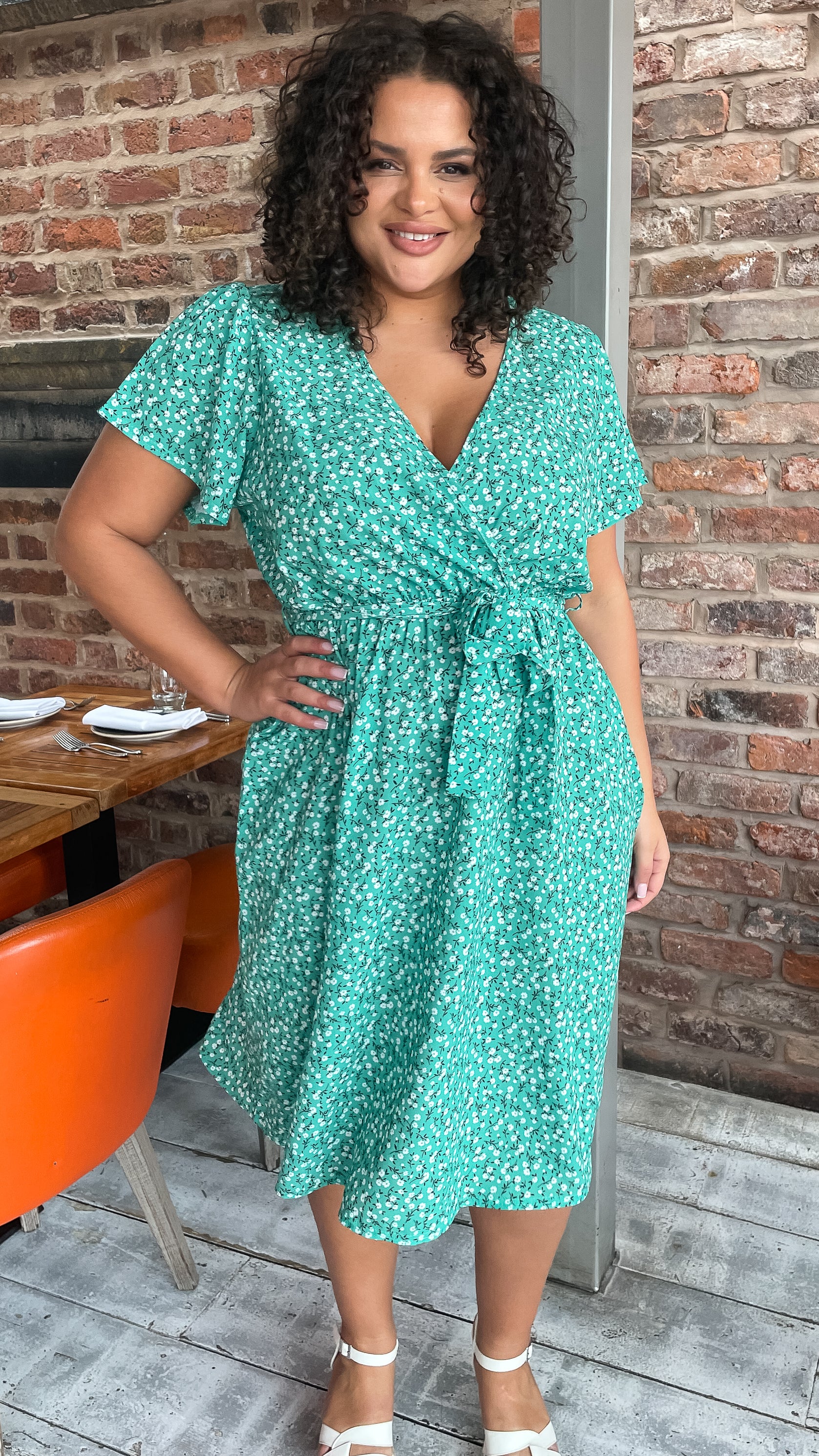 CurveWow Wrap Tea Dress Green Ditsy - Image 5