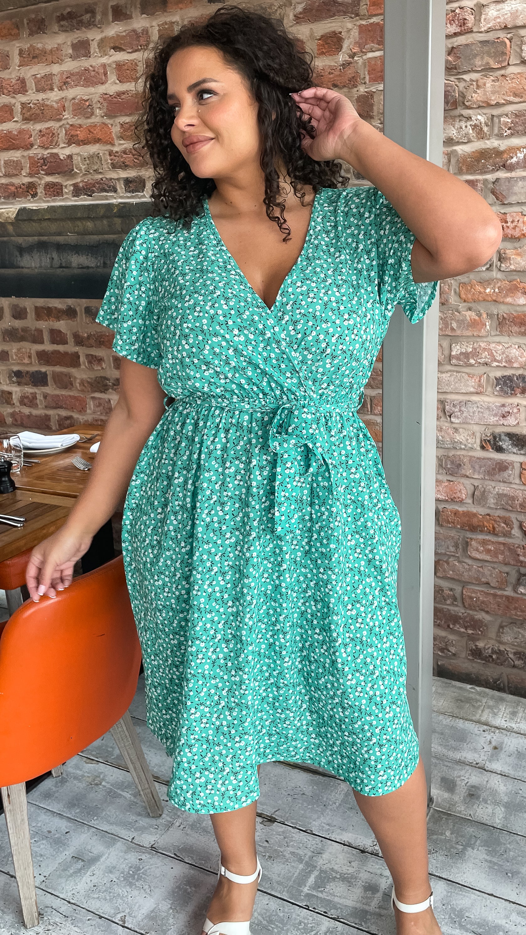 CurveWow Wrap Tea Dress Green Ditsy - Image 8
