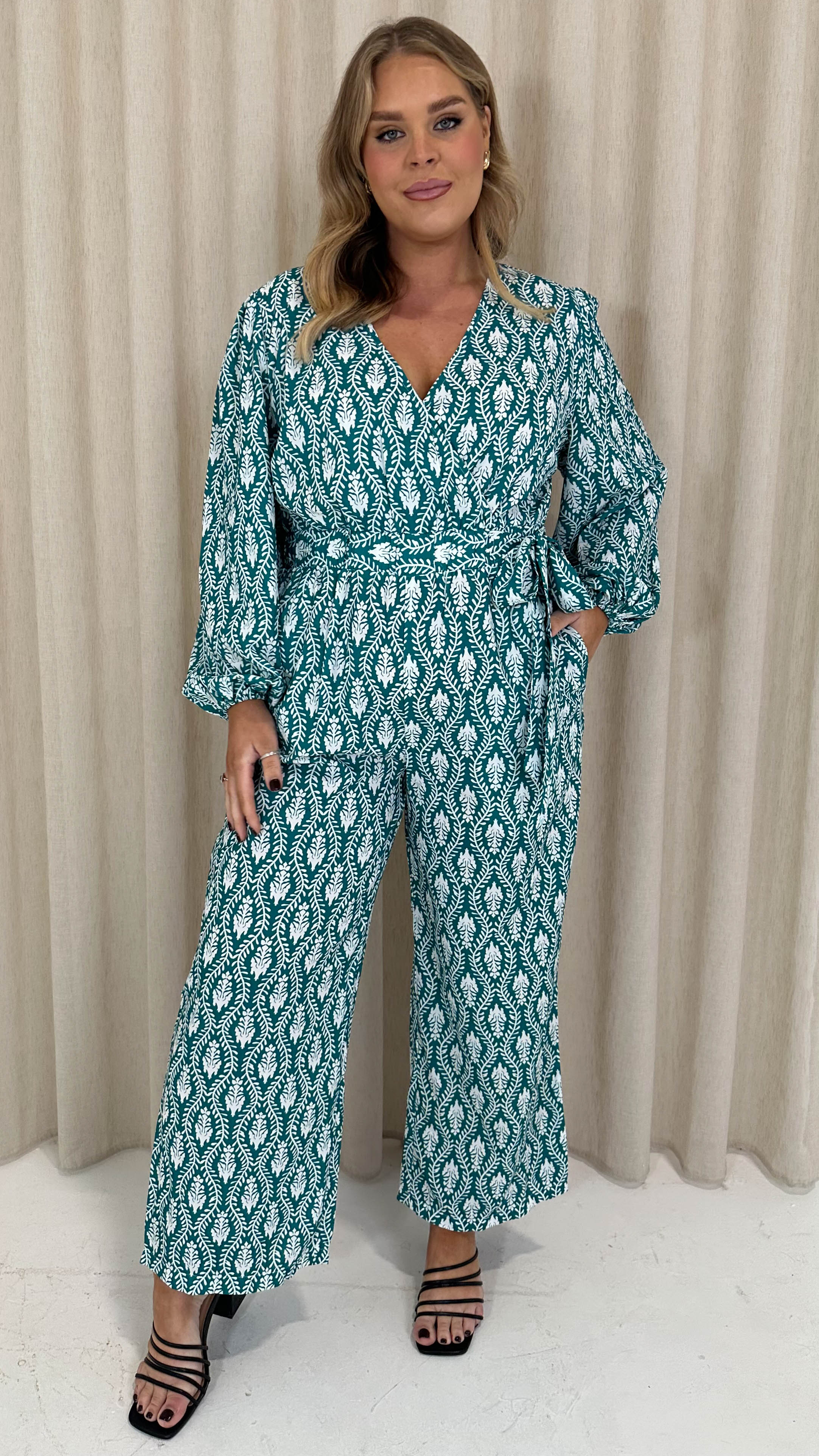 CurveWow Wrap Tie Side Jumpsuit Turquoise - Image 4