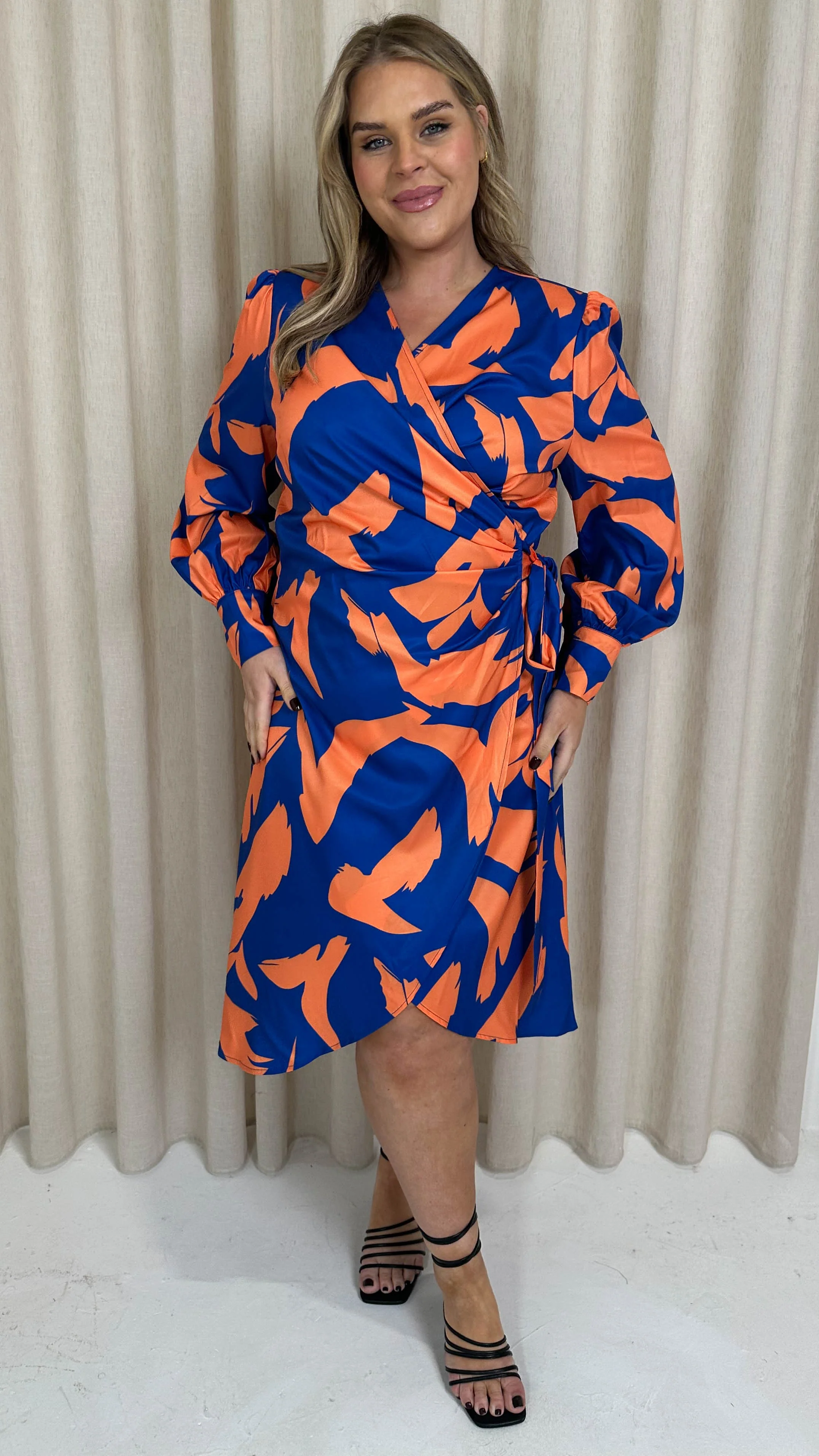 CurveWow Wrap Tie Side Midi Dress Cobalt/Orange - Image 7