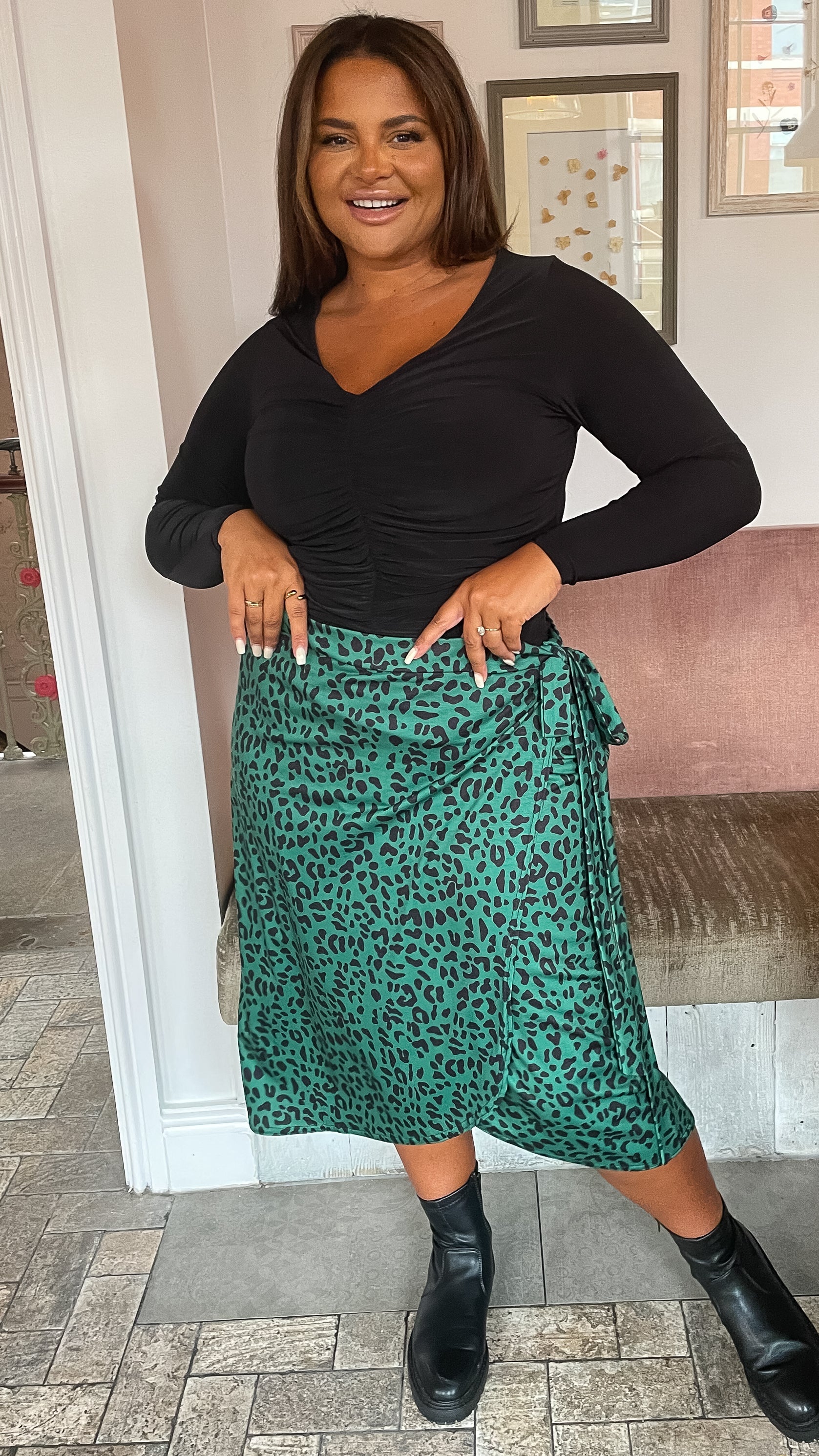 CurveWow Wrap Tie Skirt Green Animal - Image 7
