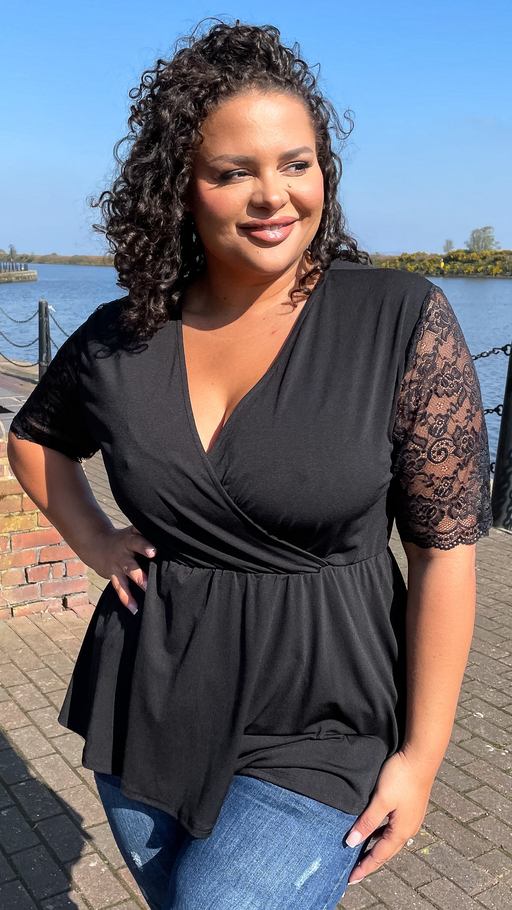 CurveWow Wrap Top With Lace Sleeves Black