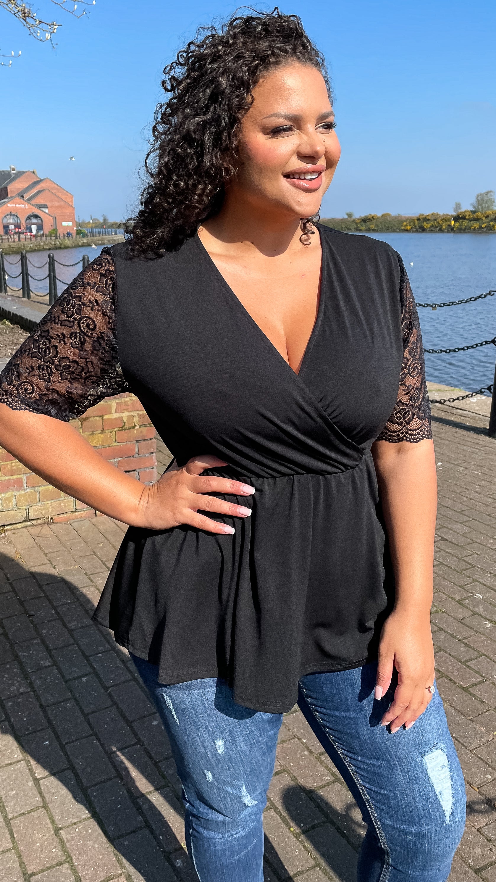 CurveWow Wrap Top With Lace Sleeves Black - Image 4