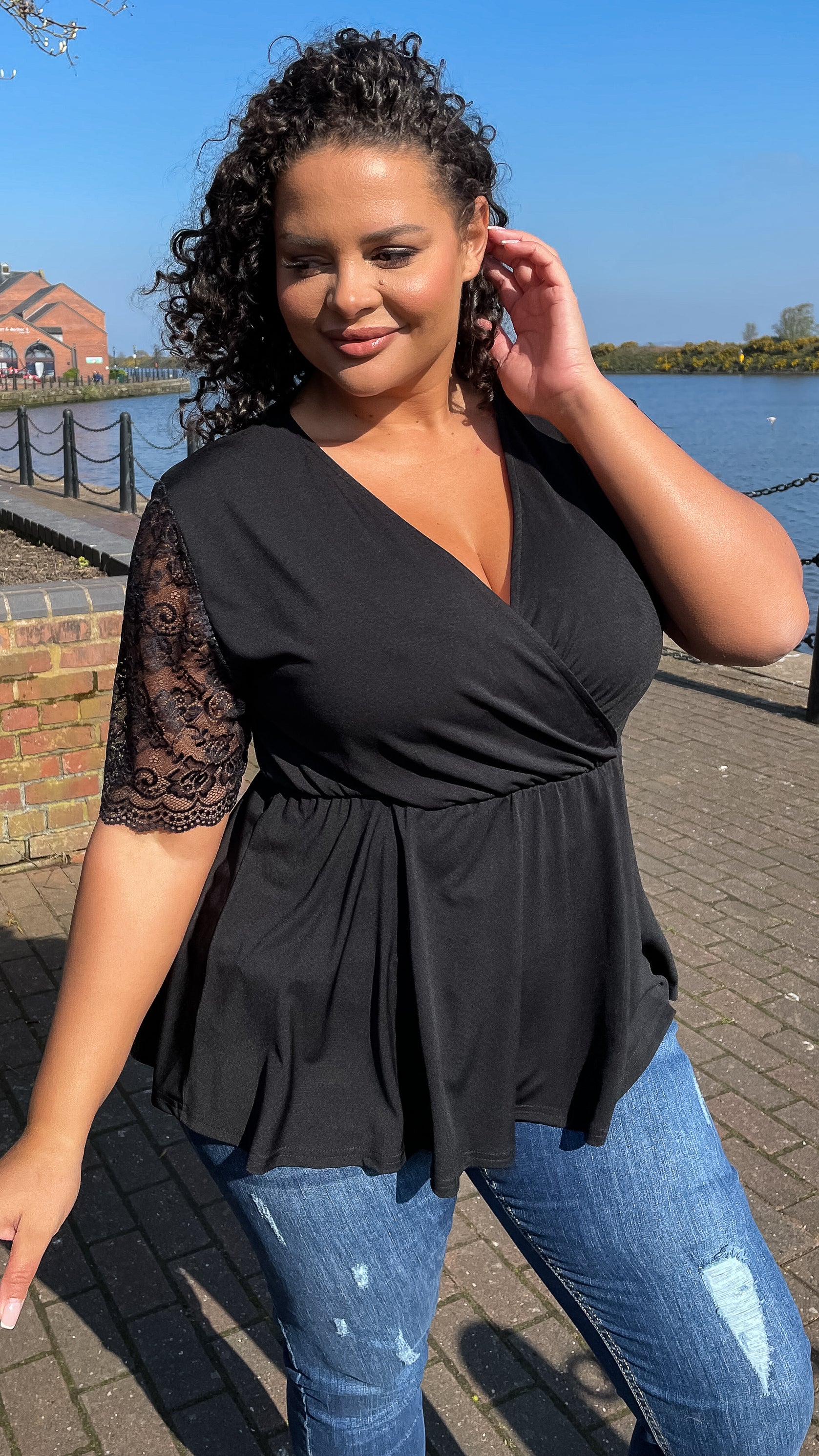 CurveWow Wrap Top With Lace Sleeves Black - Image 6