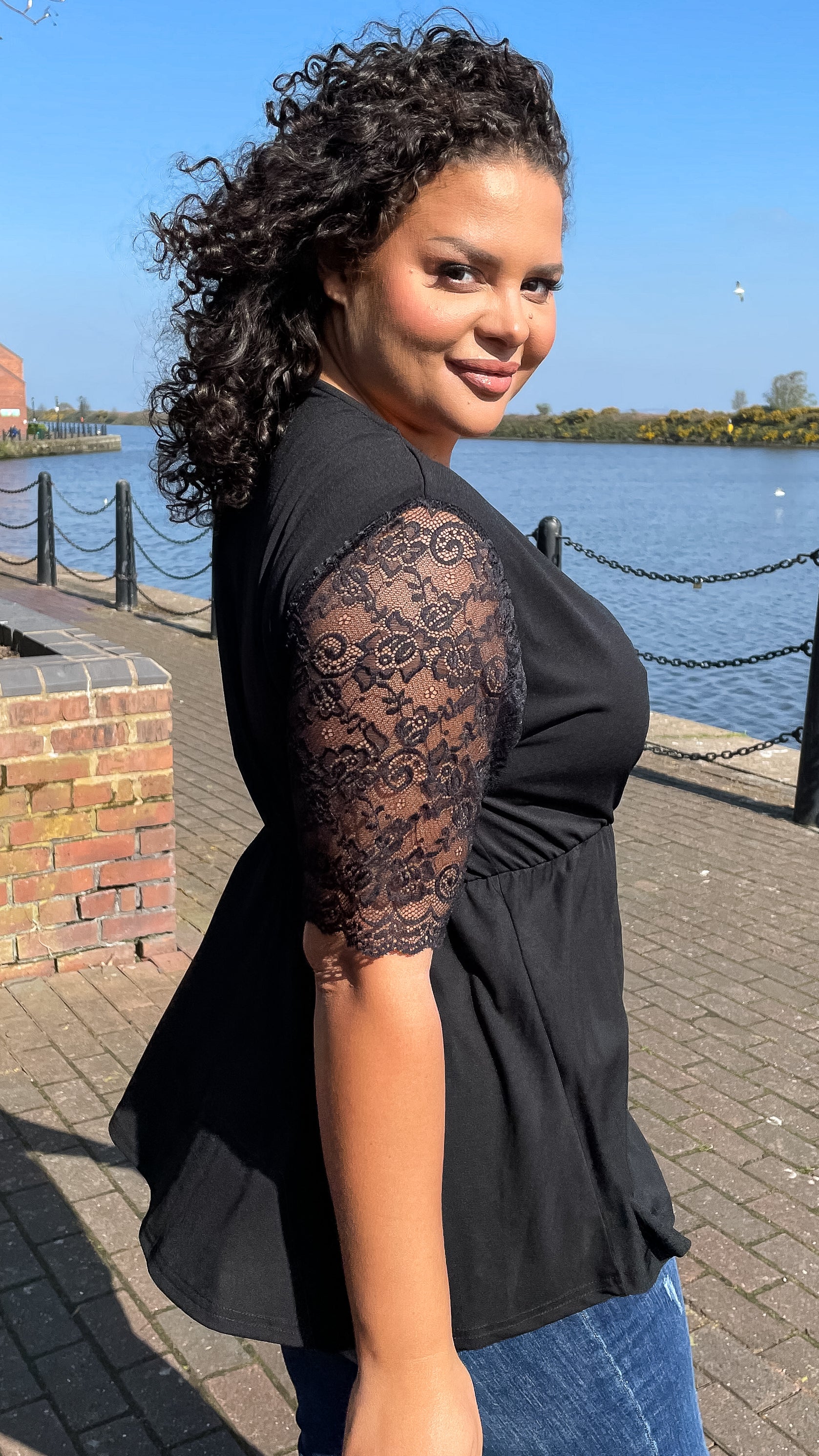 CurveWow Wrap Top With Lace Sleeves Black - Image 7