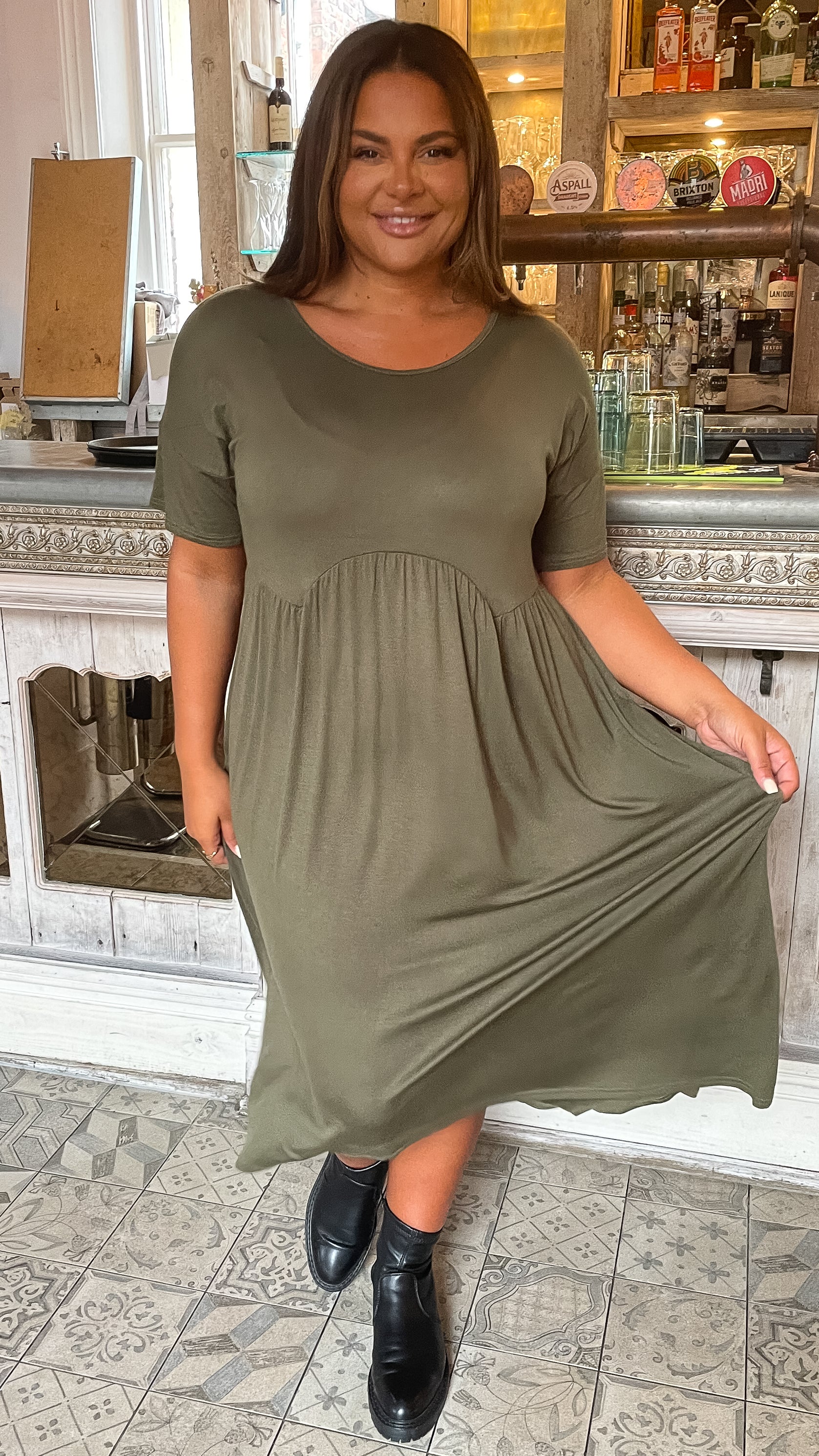 CurveWow Drop Shoulder Shaped Waist Midi Dress Khaki - Image 3