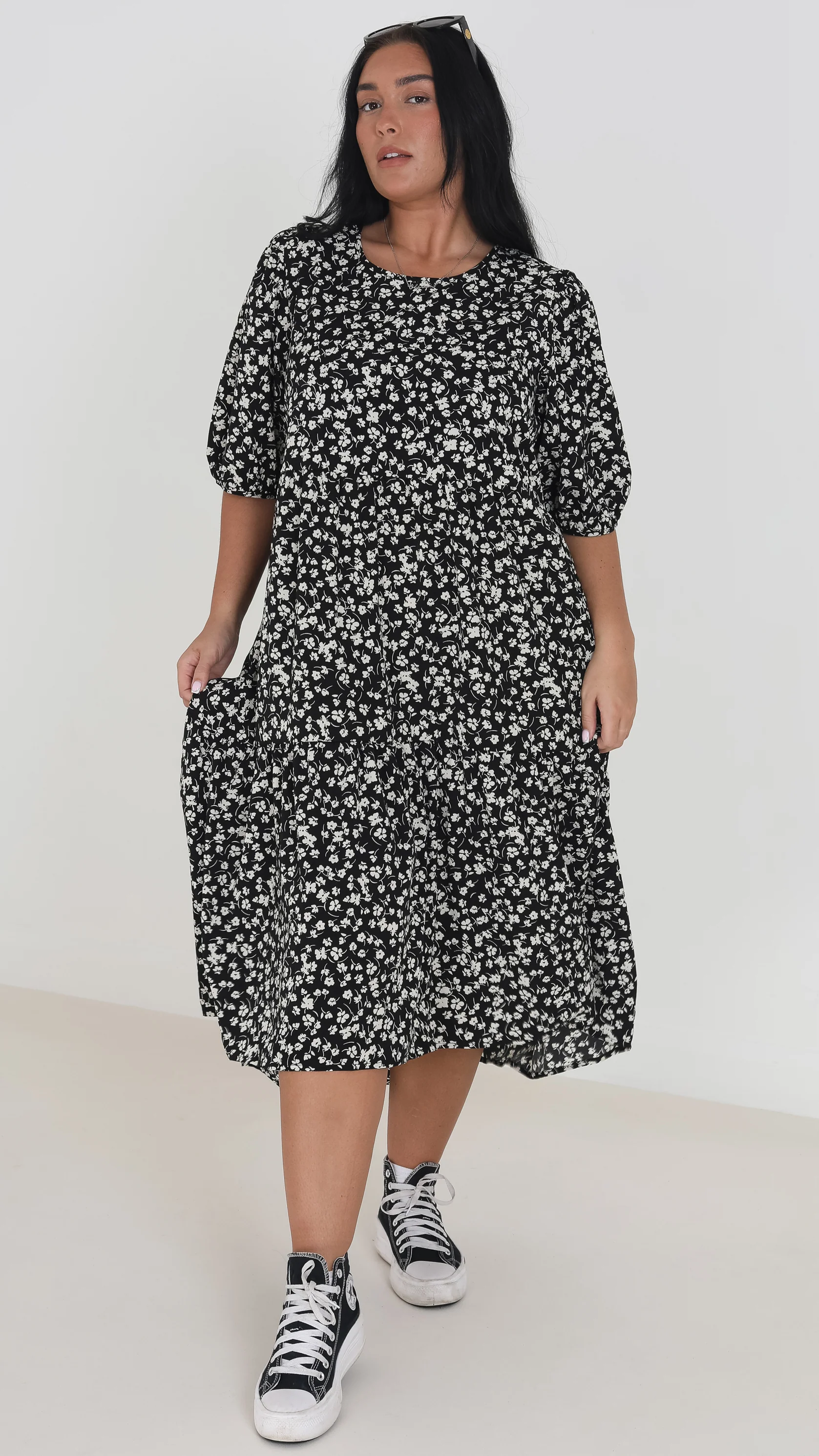 Floral Smock Midi Dress Black