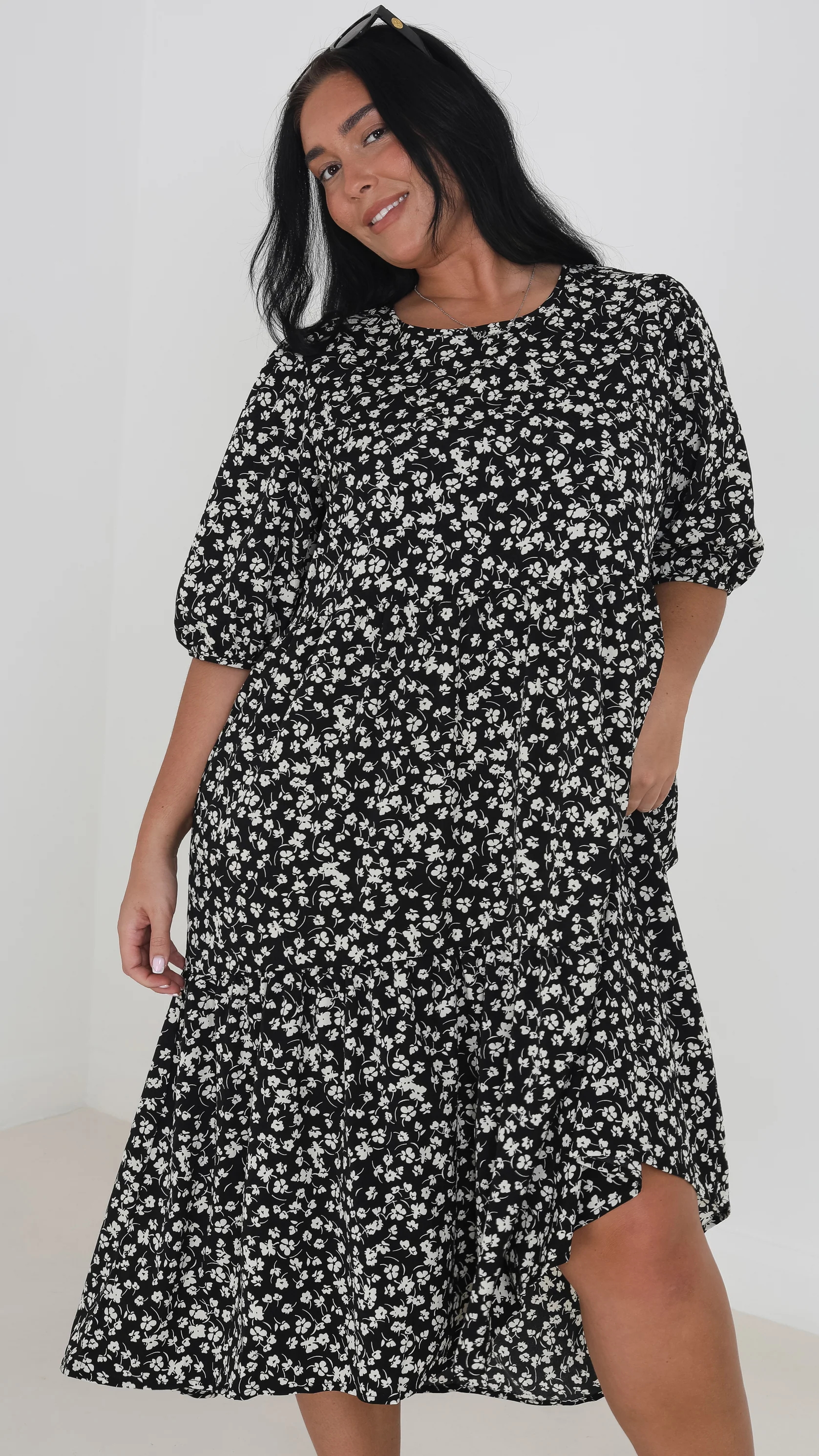 Floral Smock Midi Dress Black - Image 2