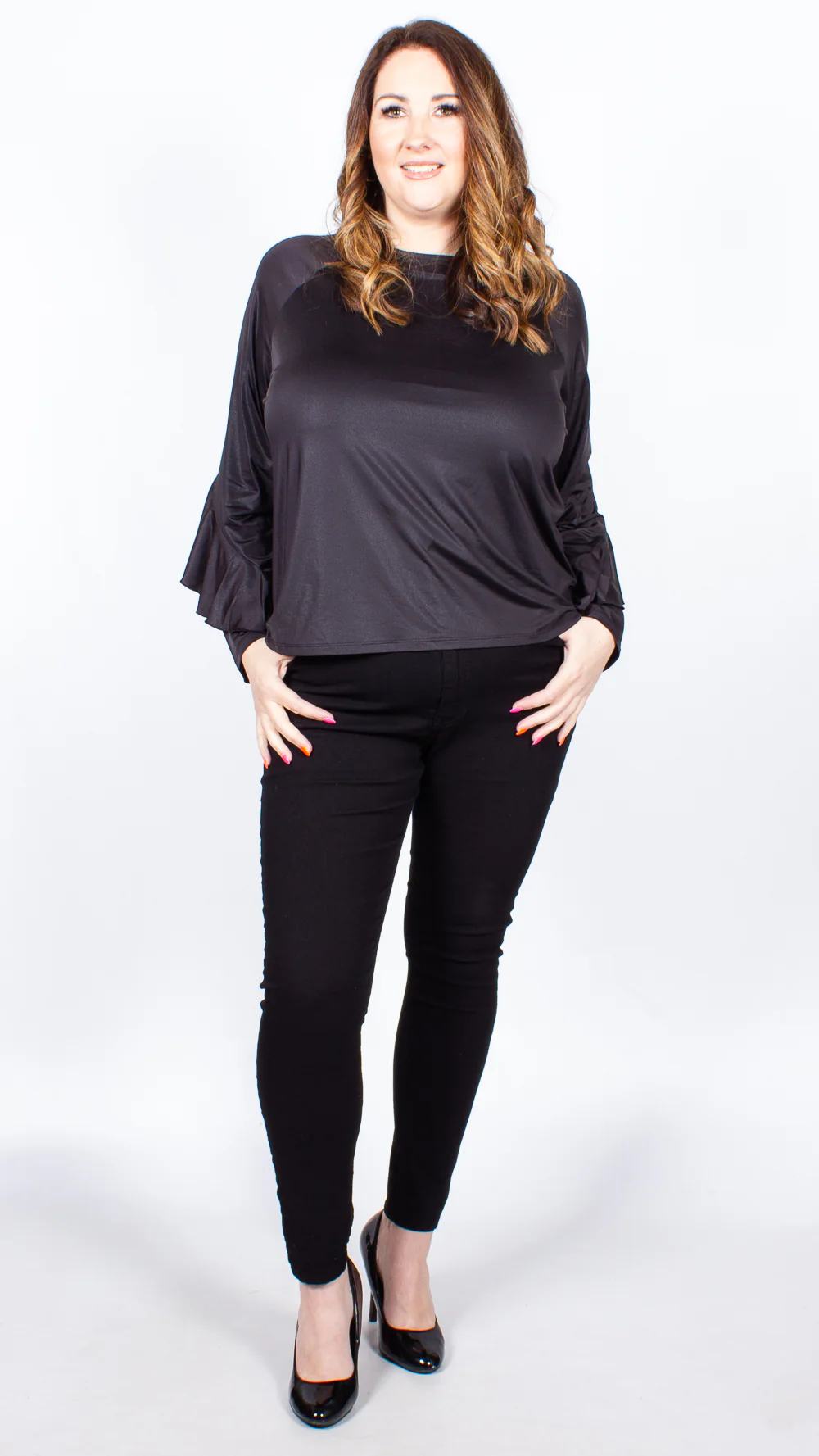 Jaimee Frill Long Sleeve Black Top - Image 3
