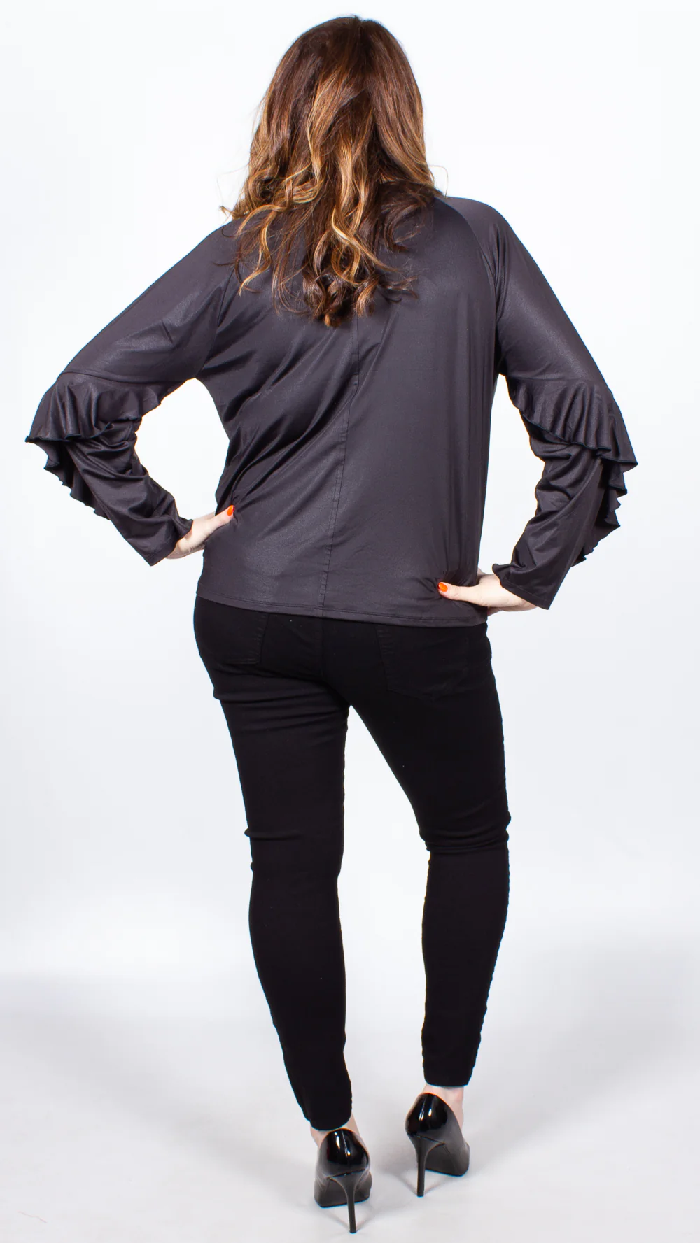 Jaimee Frill Long Sleeve Black Top - Image 5