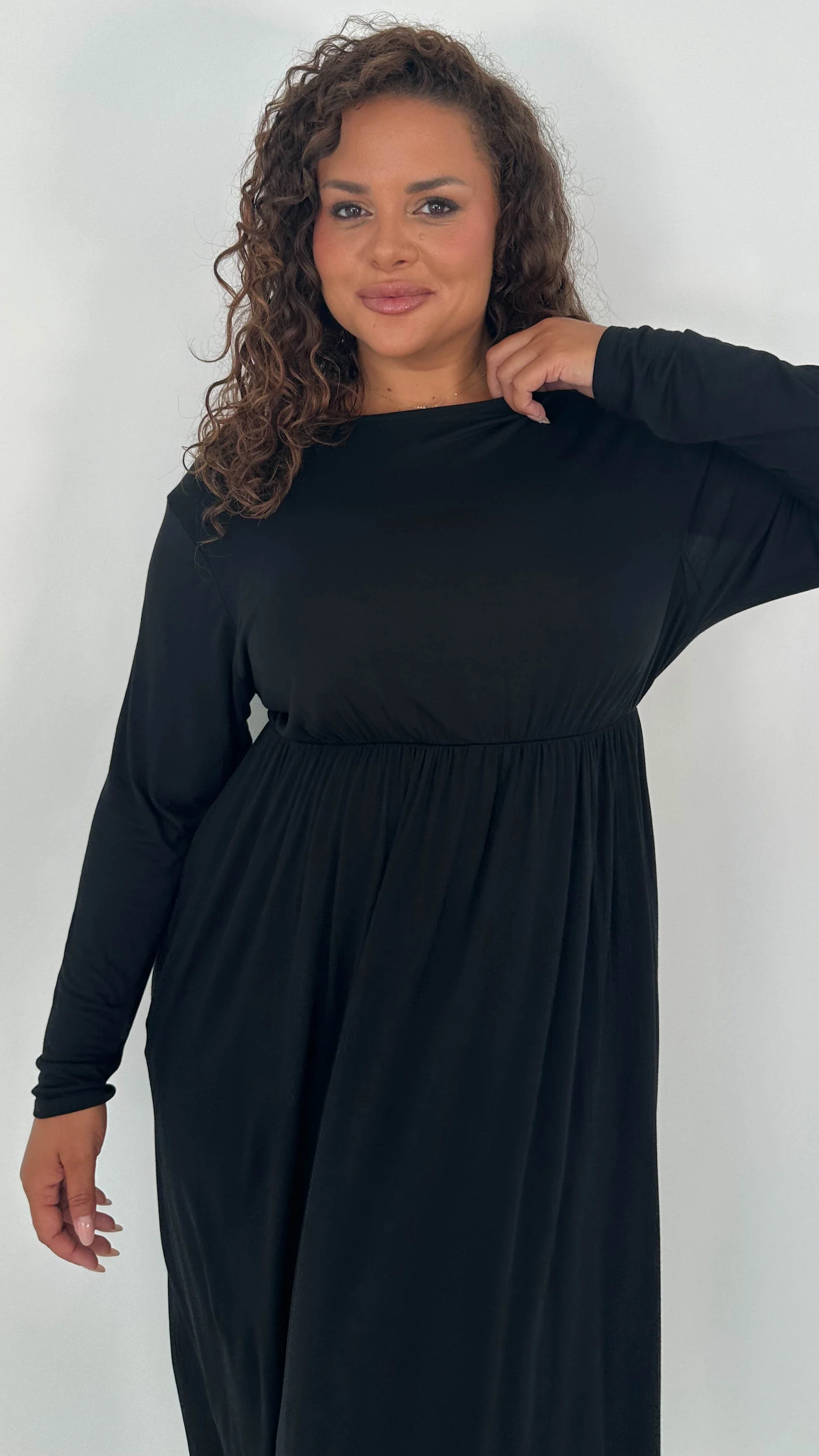 CurveWow Long Sleeve Jersey Pocket Midi Dress Black - Image 6