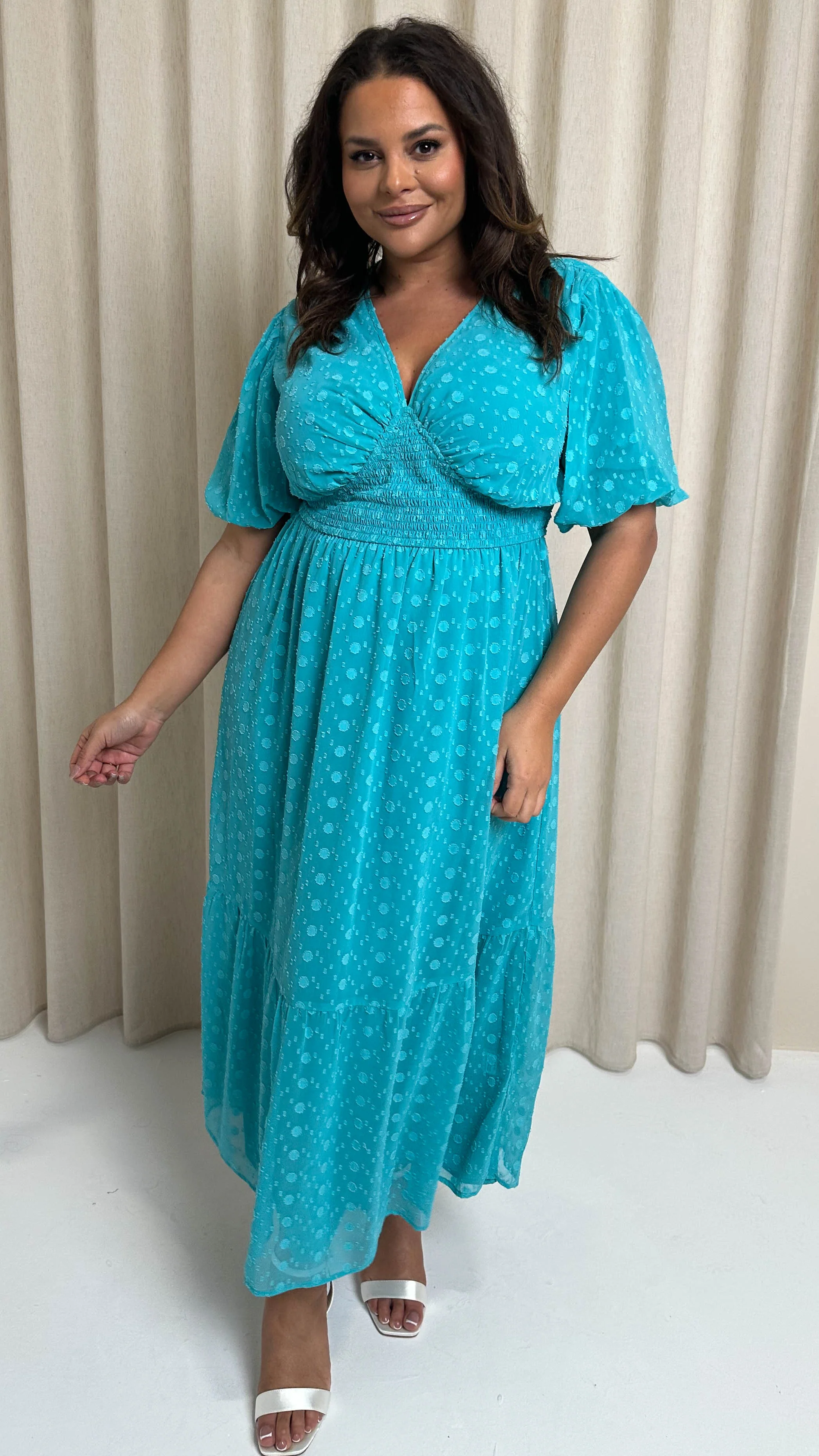 CurveWow Dobby Shiffly Puff Sleeve Vneck Maxi Dress Blue - Image 3