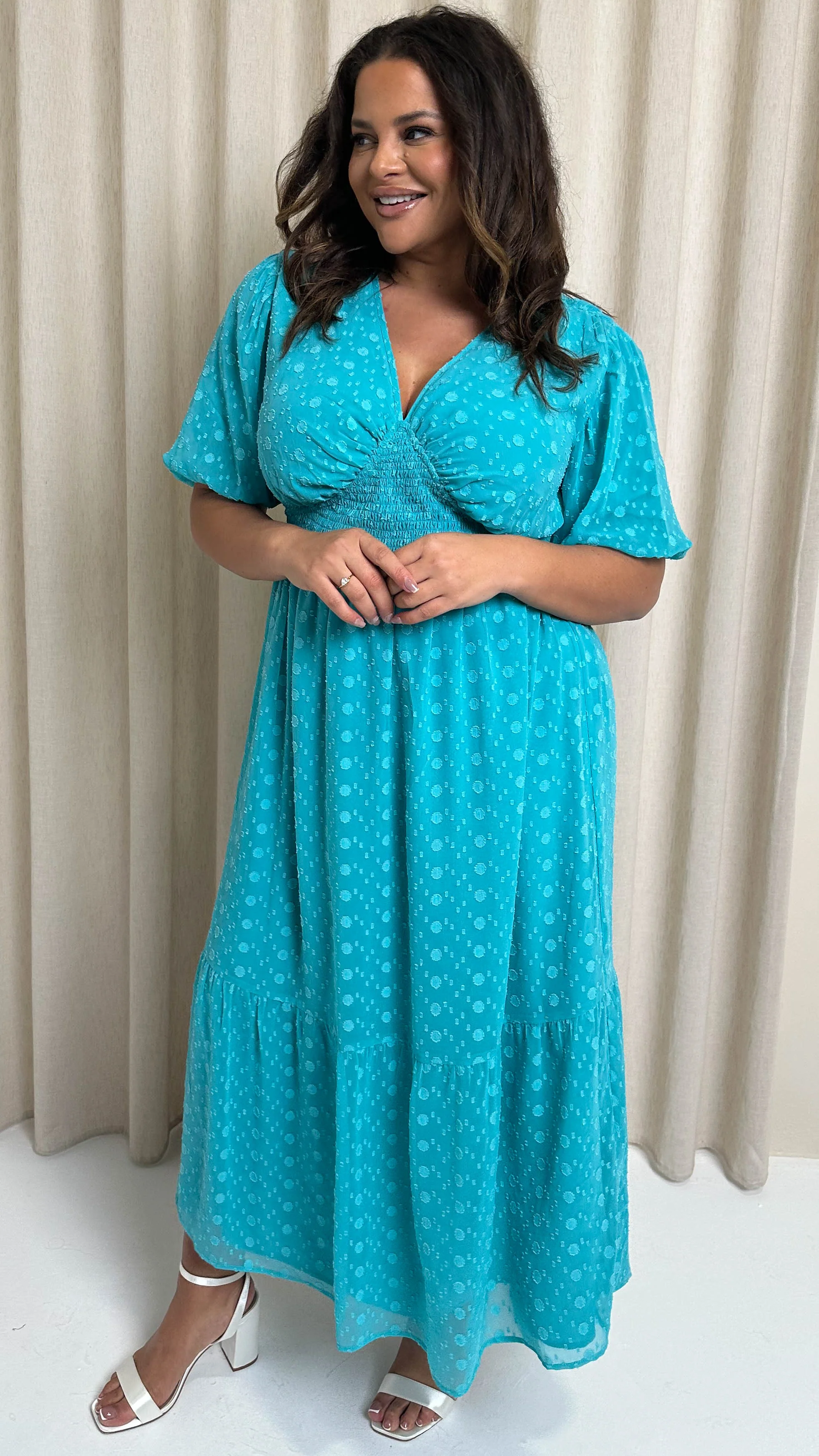CurveWow Dobby Shiffly Puff Sleeve Vneck Maxi Dress Blue - Image 4