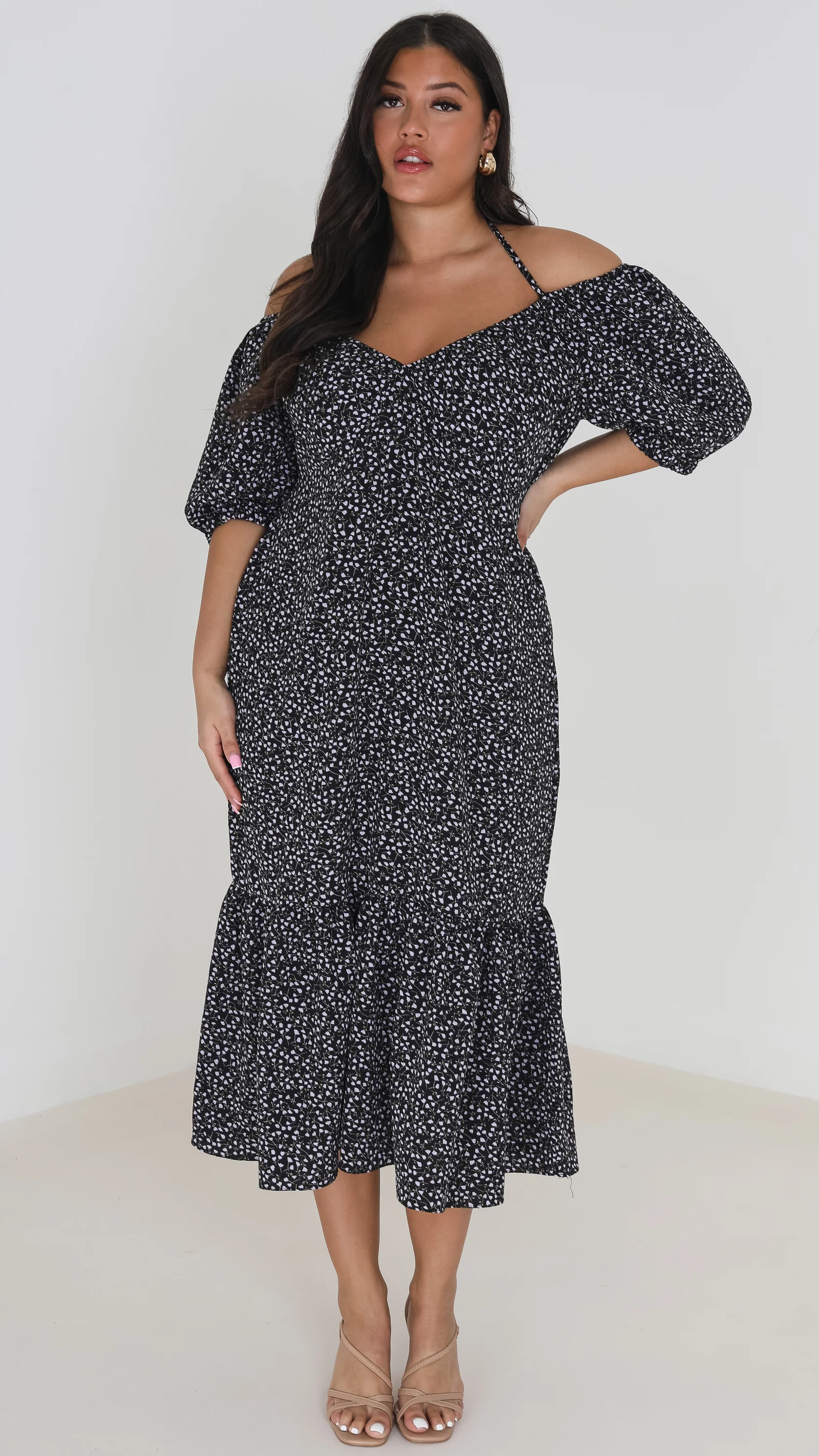 Floral Halter Neck Tiered Hem Midi Dress Black/Purple