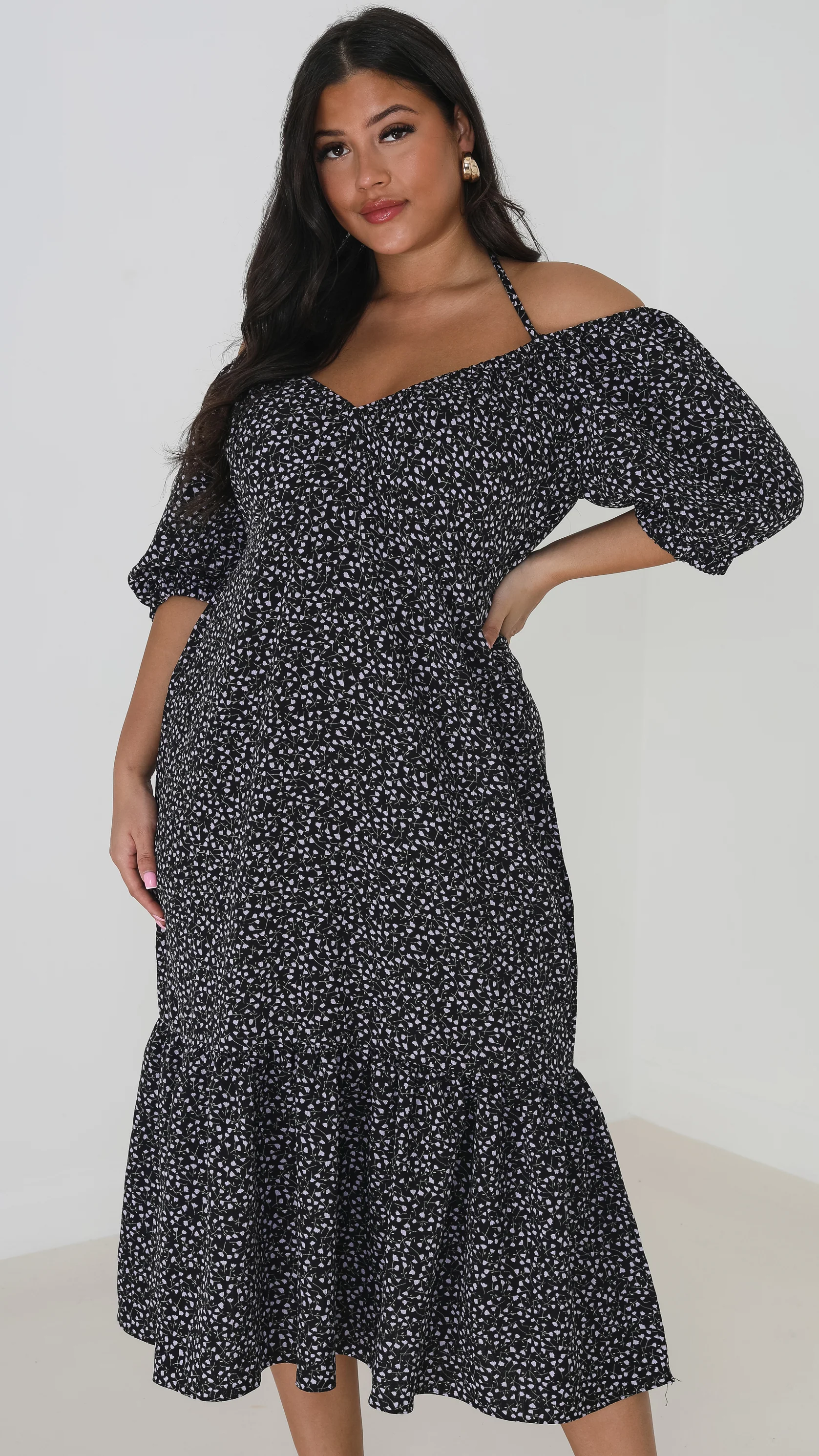 Floral Halter Neck Tiered Hem Midi Dress Black/Purple - Image 2