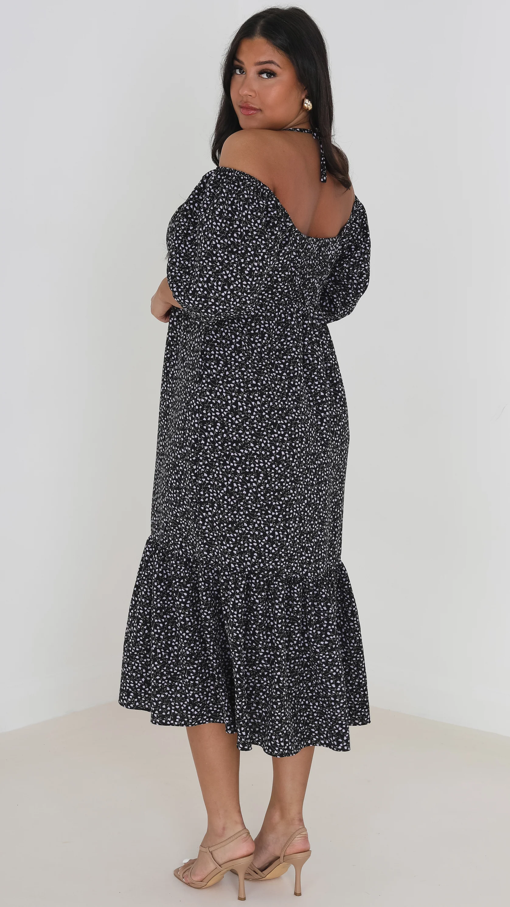 Floral Halter Neck Tiered Hem Midi Dress Black/Purple - Image 3