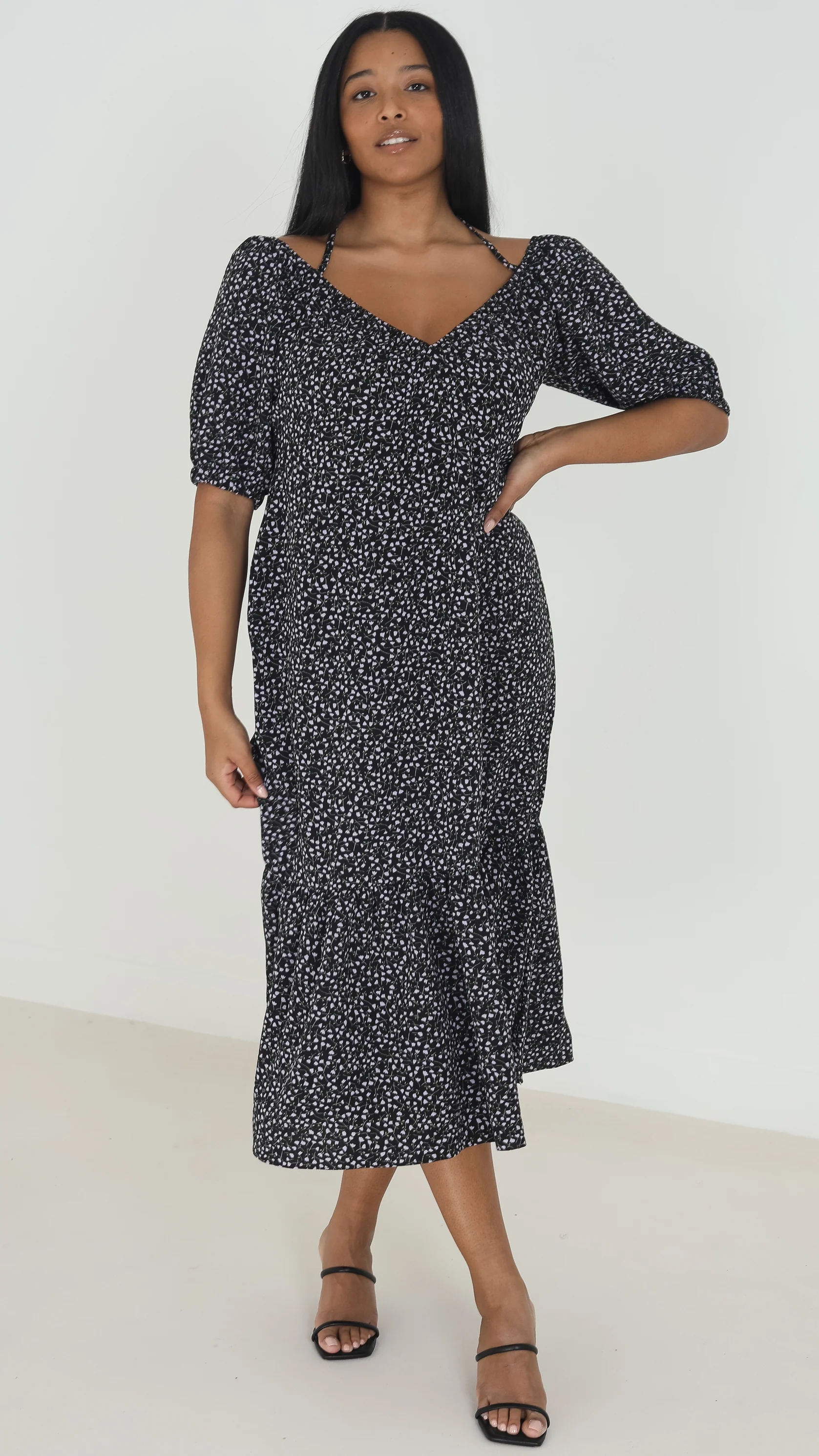 Floral Halter Neck Tiered Hem Midi Dress Black/Purple - Image 4