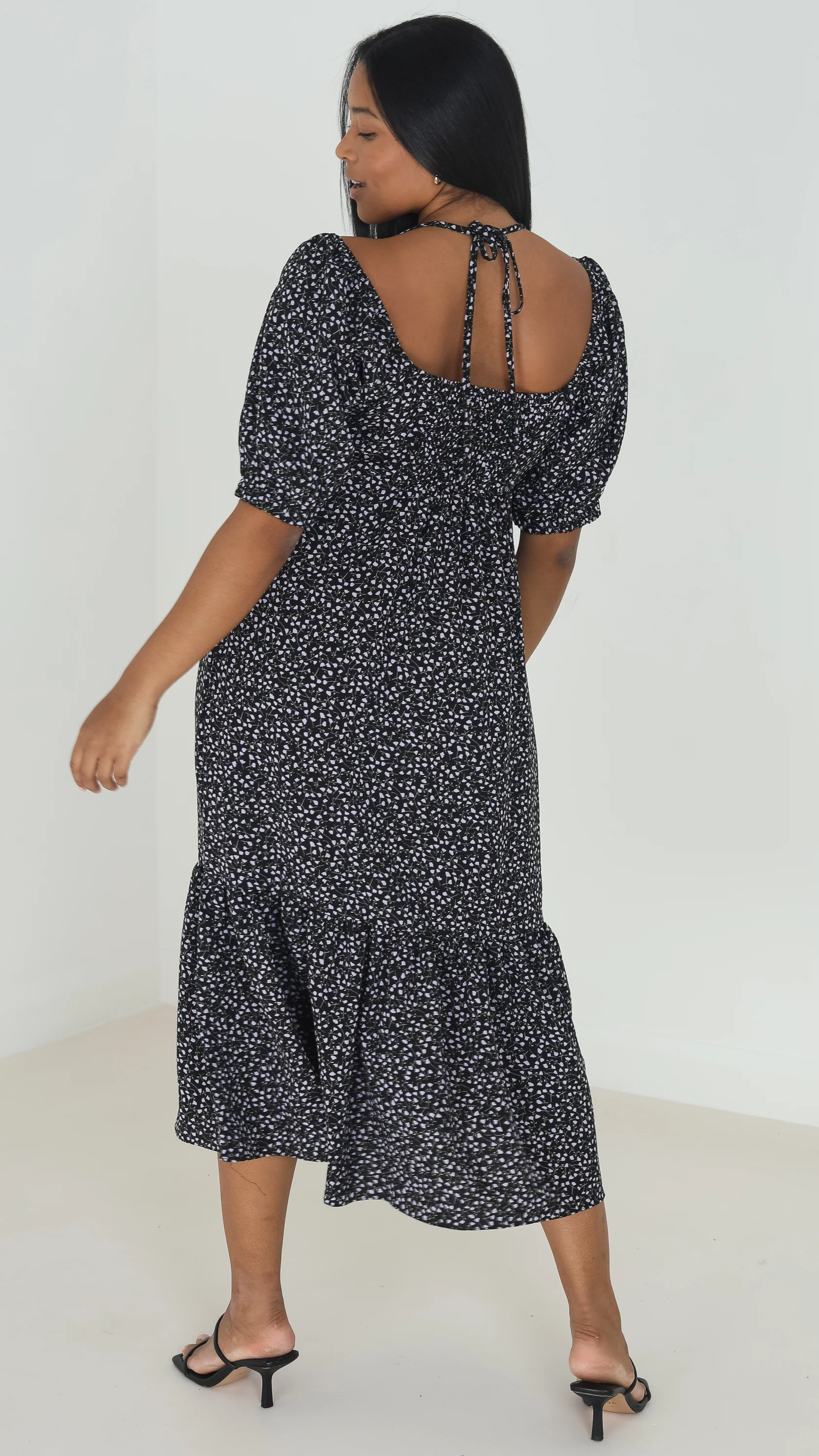 Floral Halter Neck Tiered Hem Midi Dress Black/Purple - Image 6