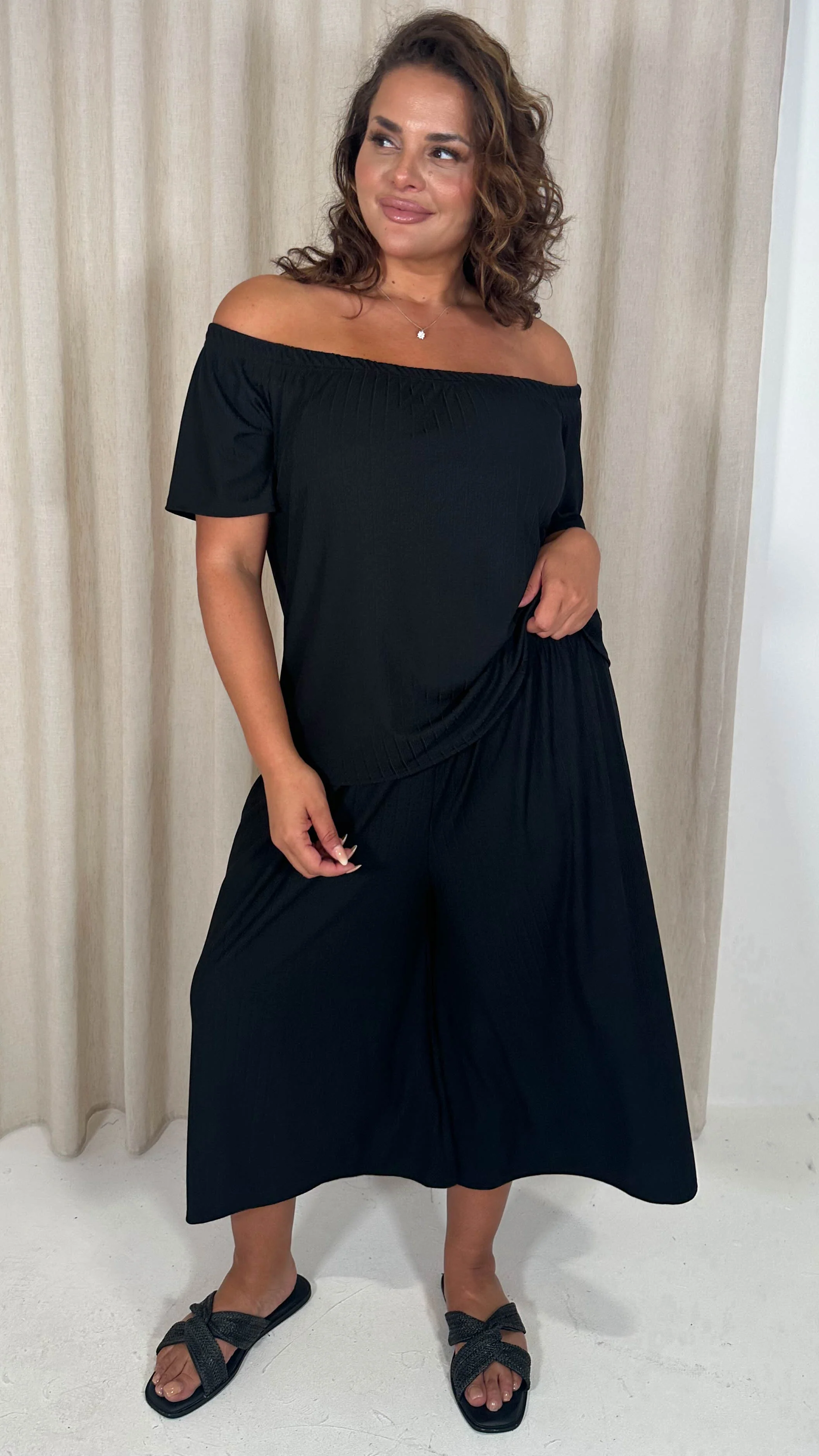 CurveWow Rib Bardot Culotte Set Black - Image 3