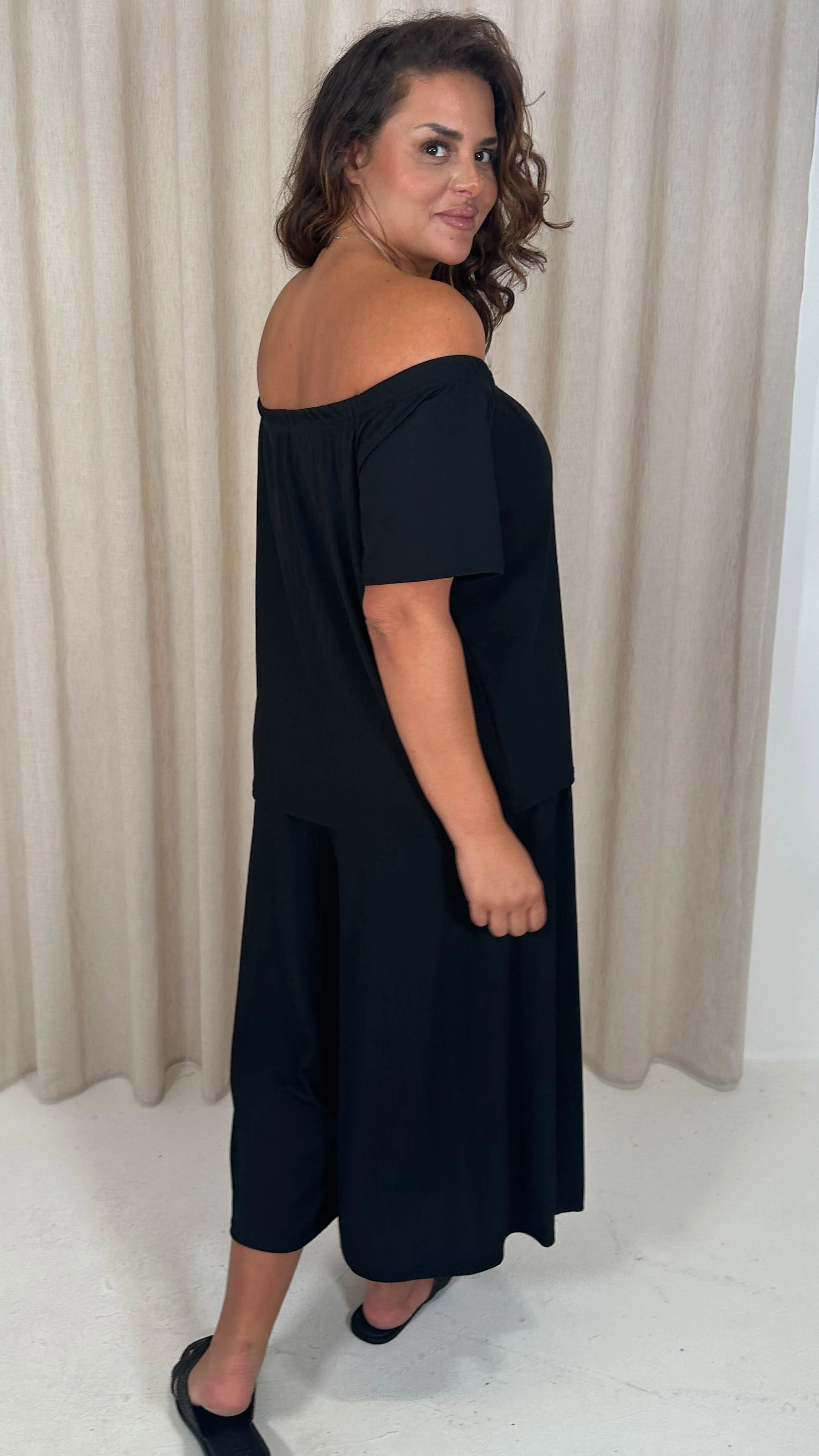 CurveWow Rib Bardot Culotte Set Black - Image 7