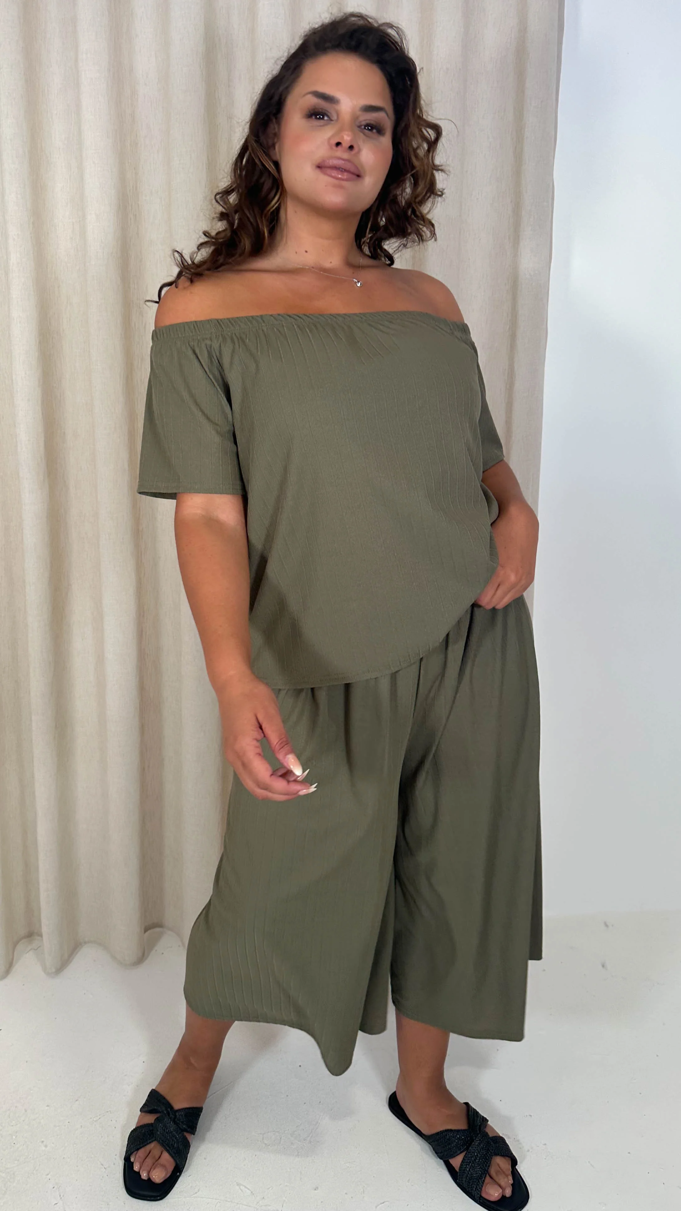 CurveWow Rib Bardot Culotte Set Khaki - Image 3