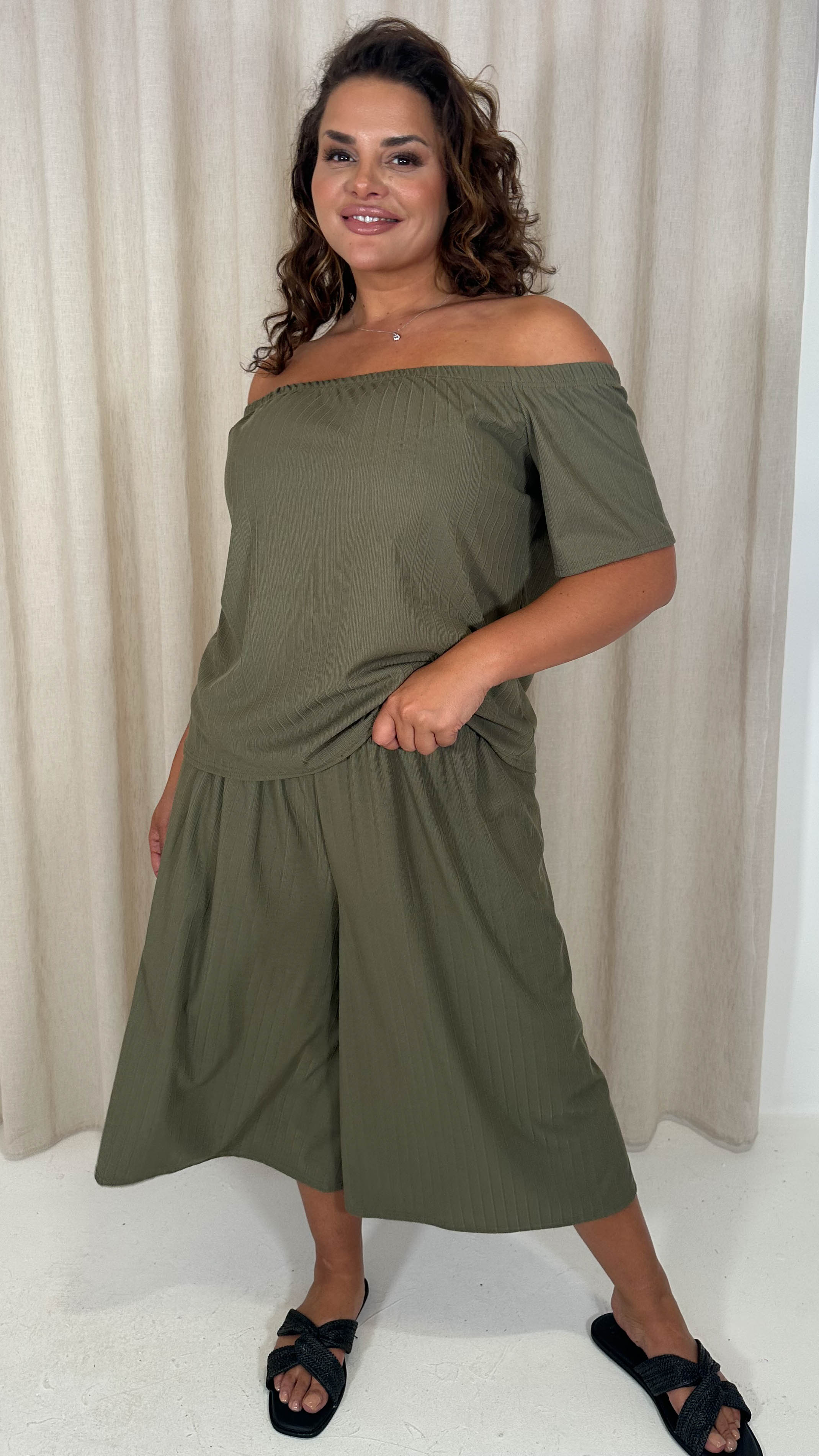 CurveWow Rib Bardot Culotte Set Khaki - Image 4