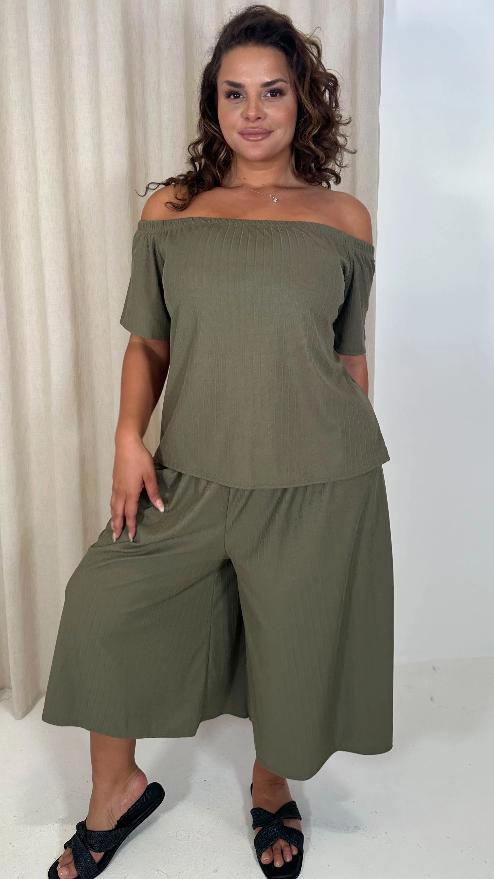 CurveWow Rib Bardot Culotte Set Khaki - Image 5