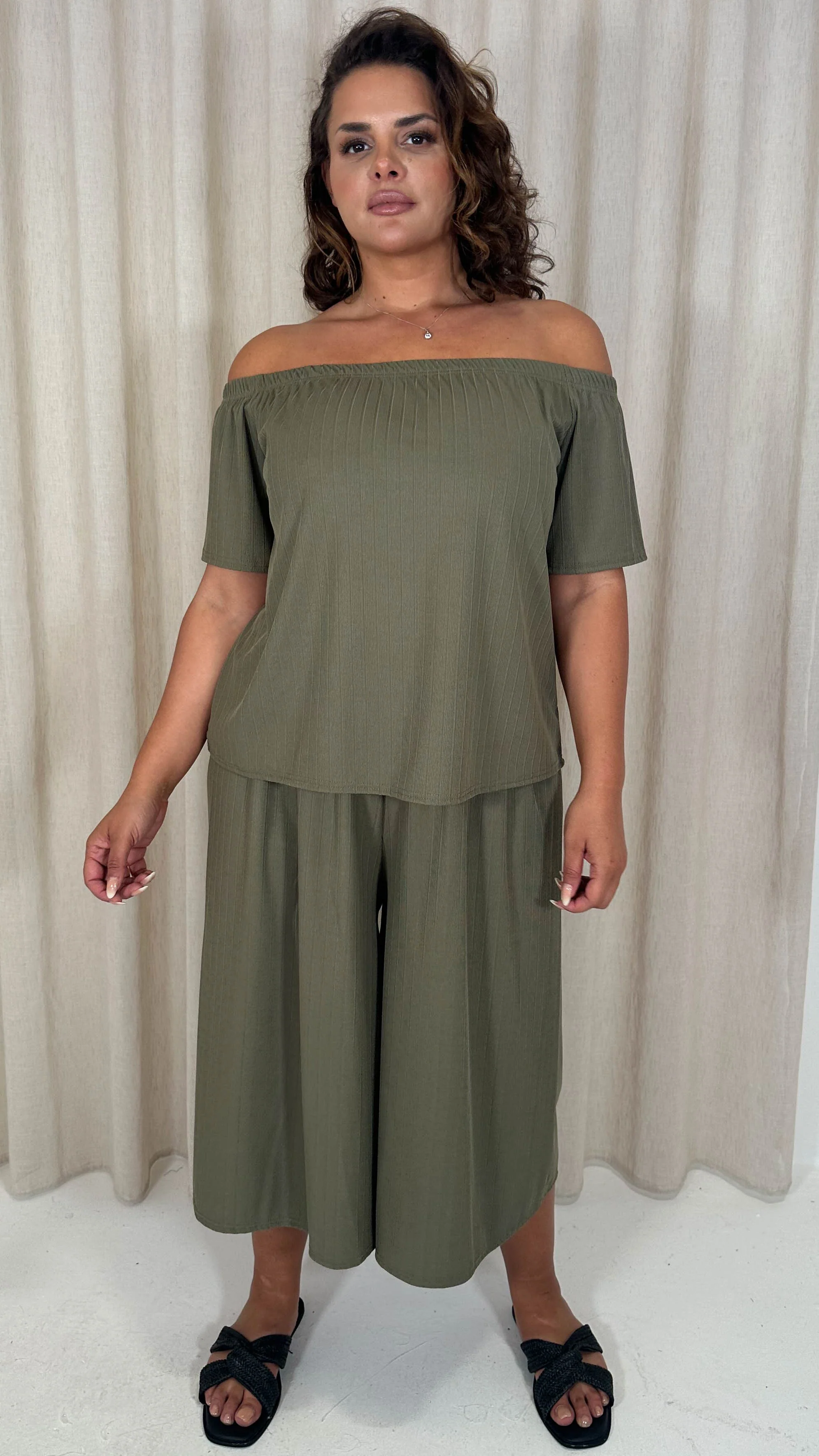 CurveWow Rib Bardot Culotte Set Khaki - Image 7