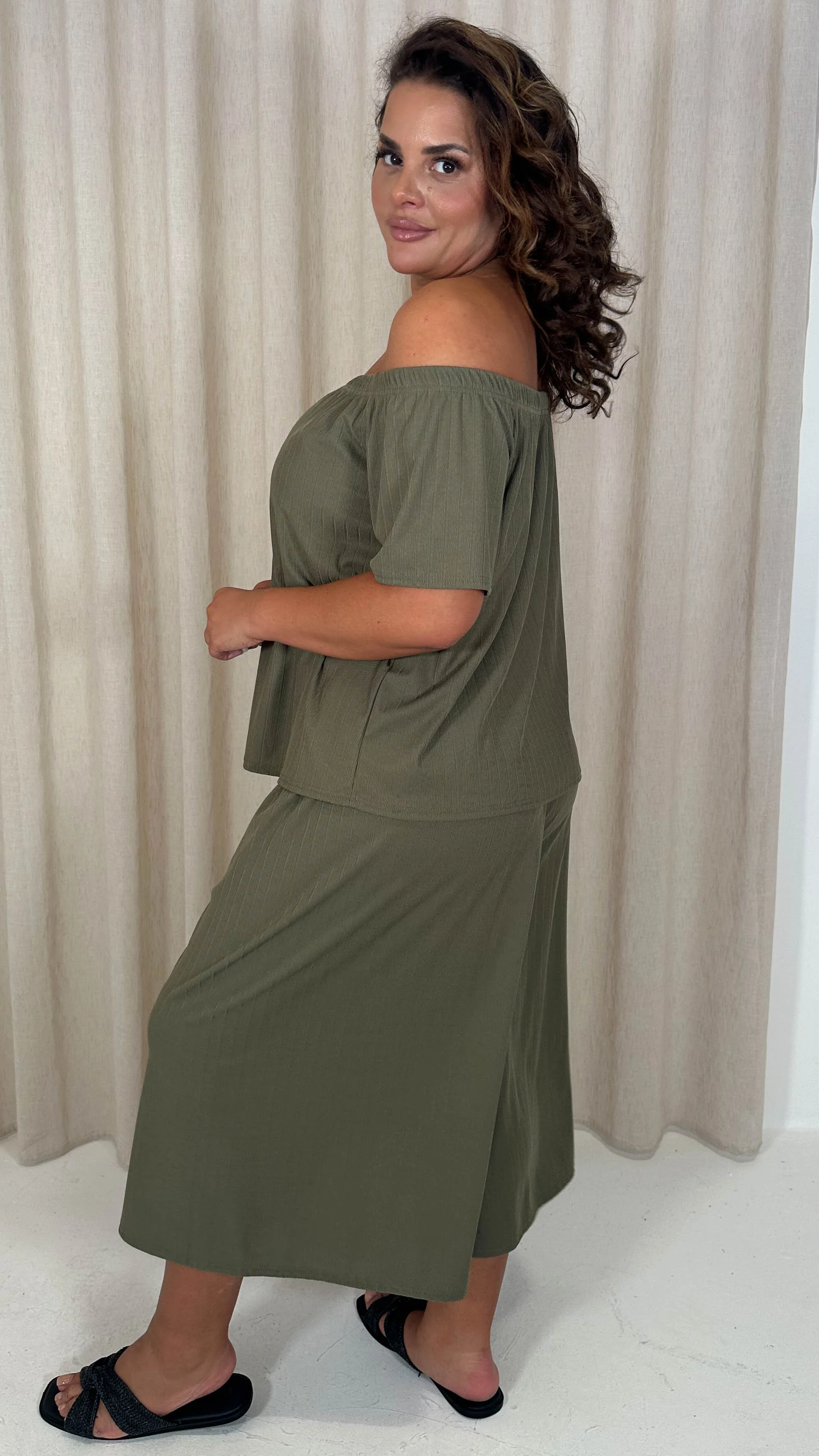 CurveWow Rib Bardot Culotte Set Khaki - Image 9