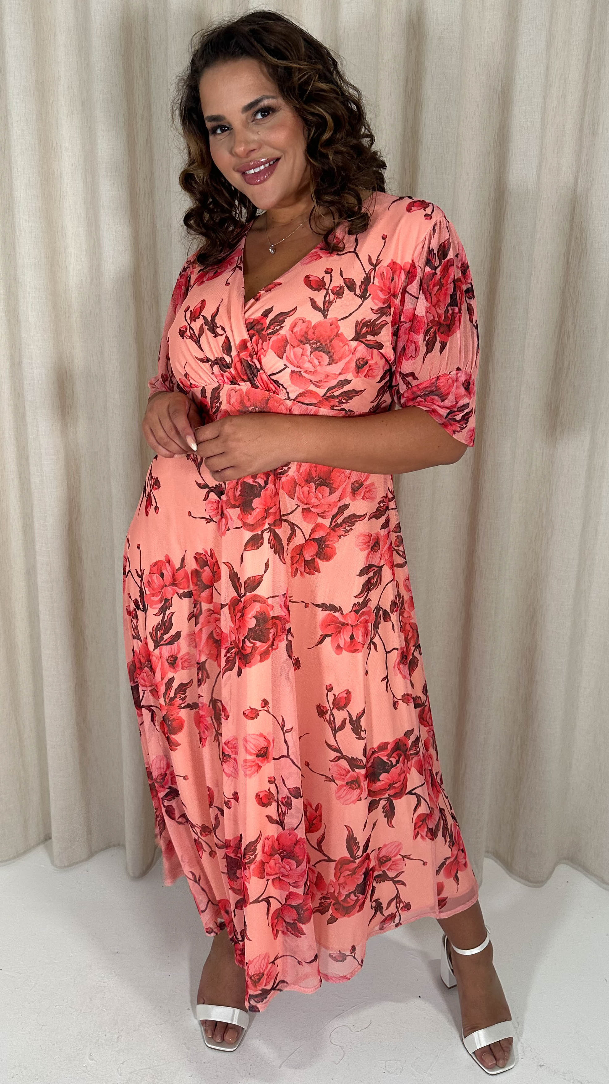 CurveWow Wrap Cuffed Puff Sleeve Midaxi Dress Peach Floral - Image 4